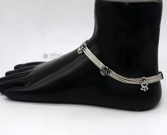 10.5" inches 925 Sterling silver vintage rose flower design 3 string anklets foot bracelet with gorgeous charm ankle jewelry  ank618 - TRIBAL ORNAMENTS