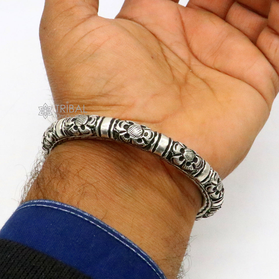 925 Sterling silver handmade fabulous chitai work customized bangle bracelet kada with pearl unisex personalized tribal jewelry nsk809 - TRIBAL ORNAMENTS