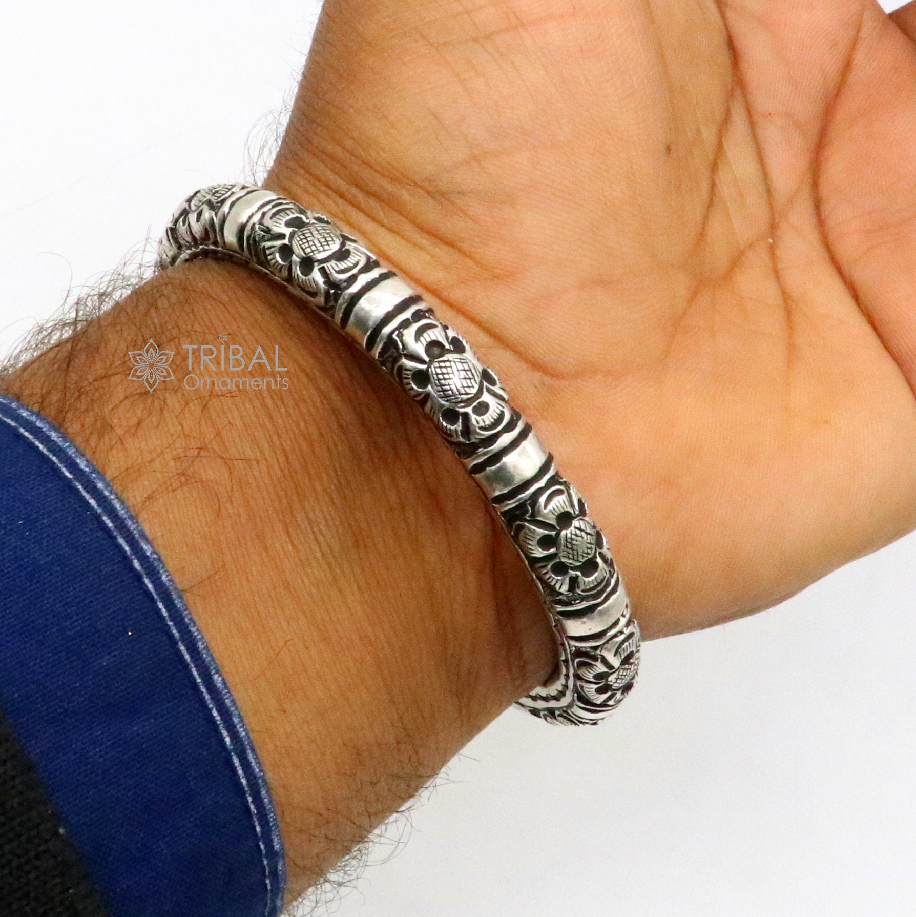 925 Sterling silver handmade fabulous chitai work customized bangle bracelet kada with pearl unisex personalized tribal jewelry nsk809 - TRIBAL ORNAMENTS