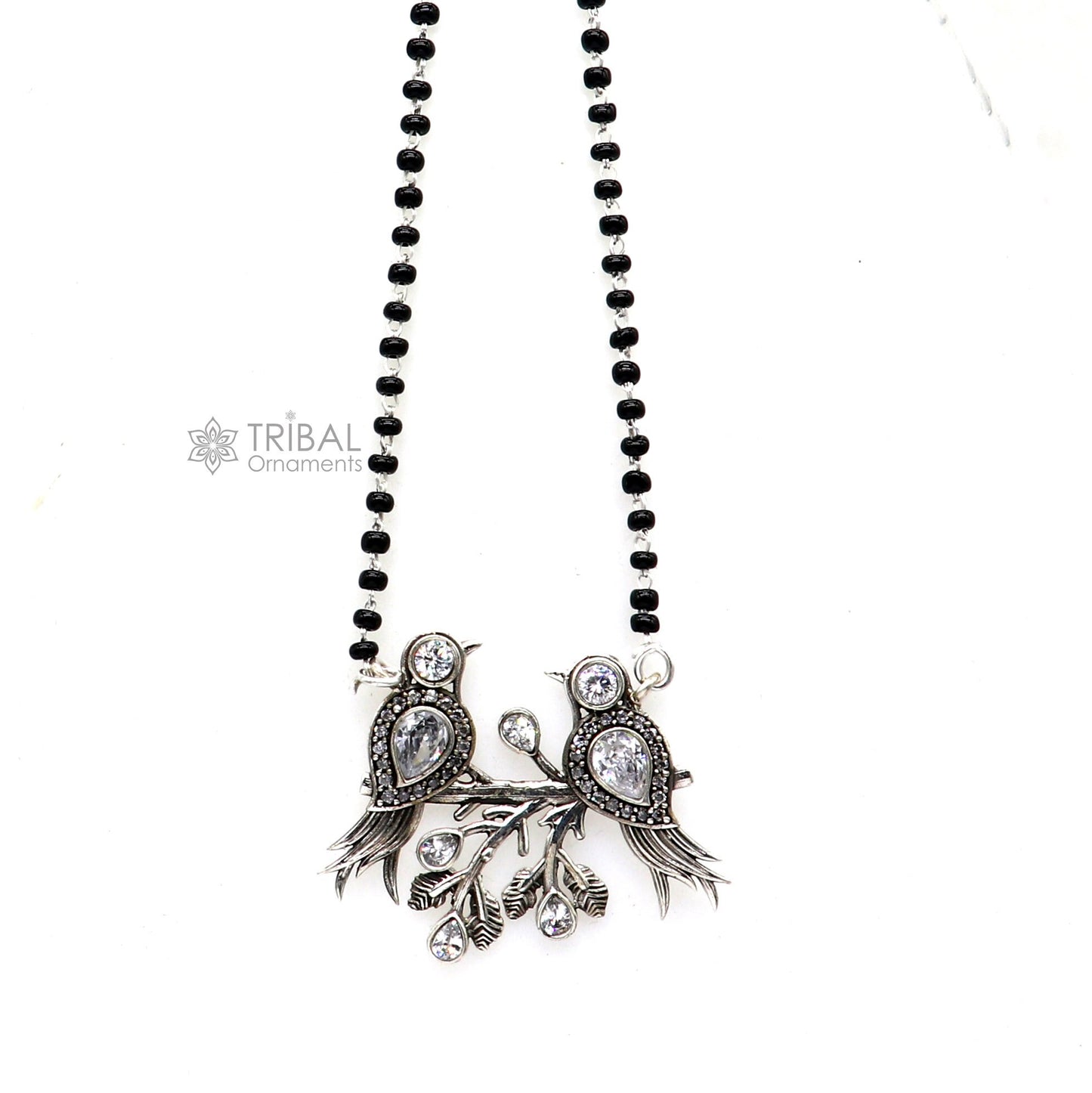 925 sterling silver black beads chain mangal sutra necklace for daily use brides Mangalsutra chunky necklace love bird pendant ms61 - TRIBAL ORNAMENTS