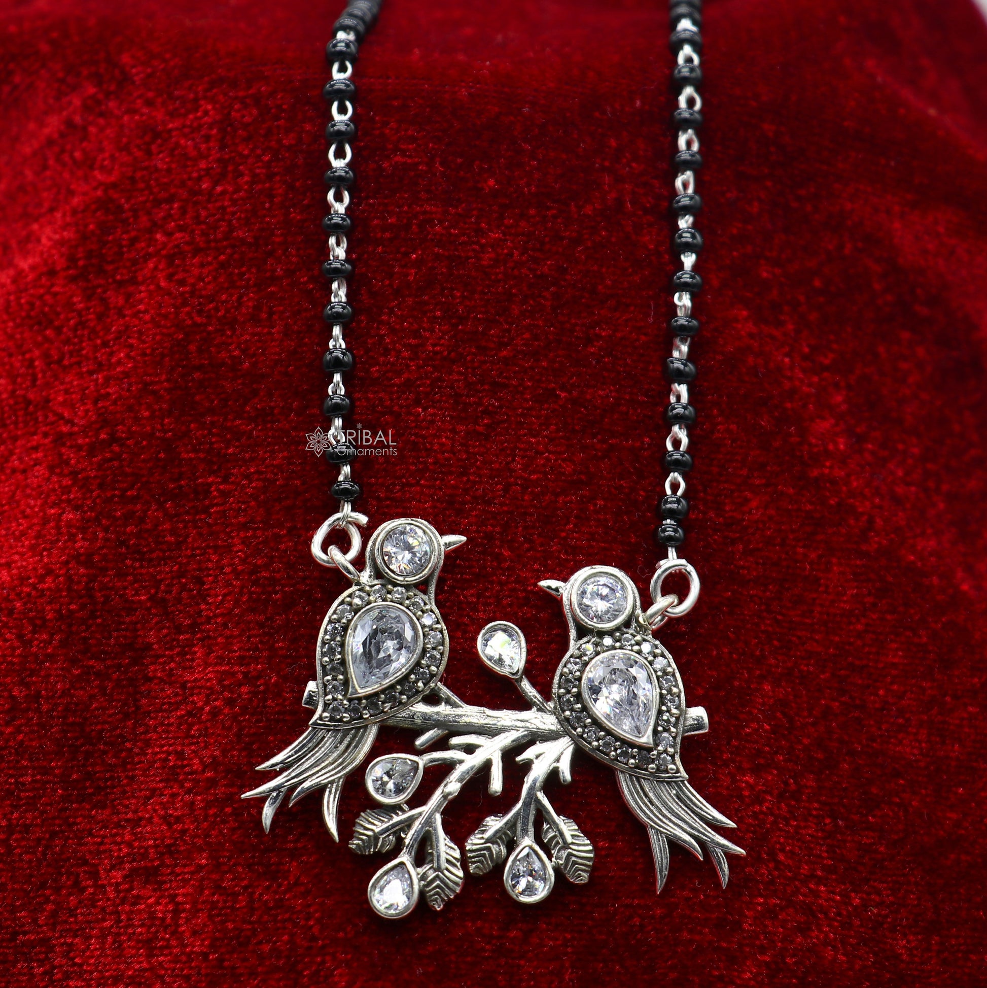 925 sterling silver black beads chain mangal sutra necklace for daily use brides Mangalsutra chunky necklace love bird pendant ms61 - TRIBAL ORNAMENTS