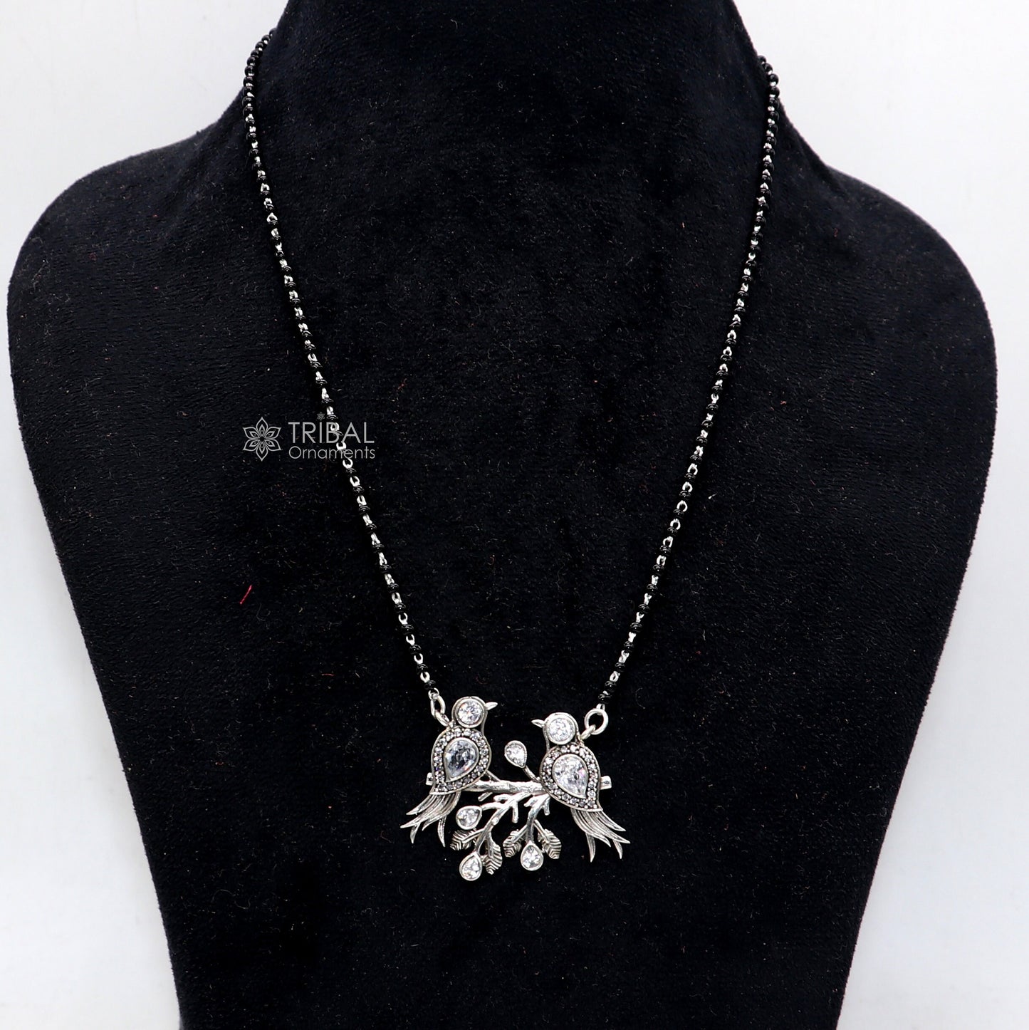 925 sterling silver black beads chain mangal sutra necklace for daily use brides Mangalsutra chunky necklace love bird pendant ms61 - TRIBAL ORNAMENTS