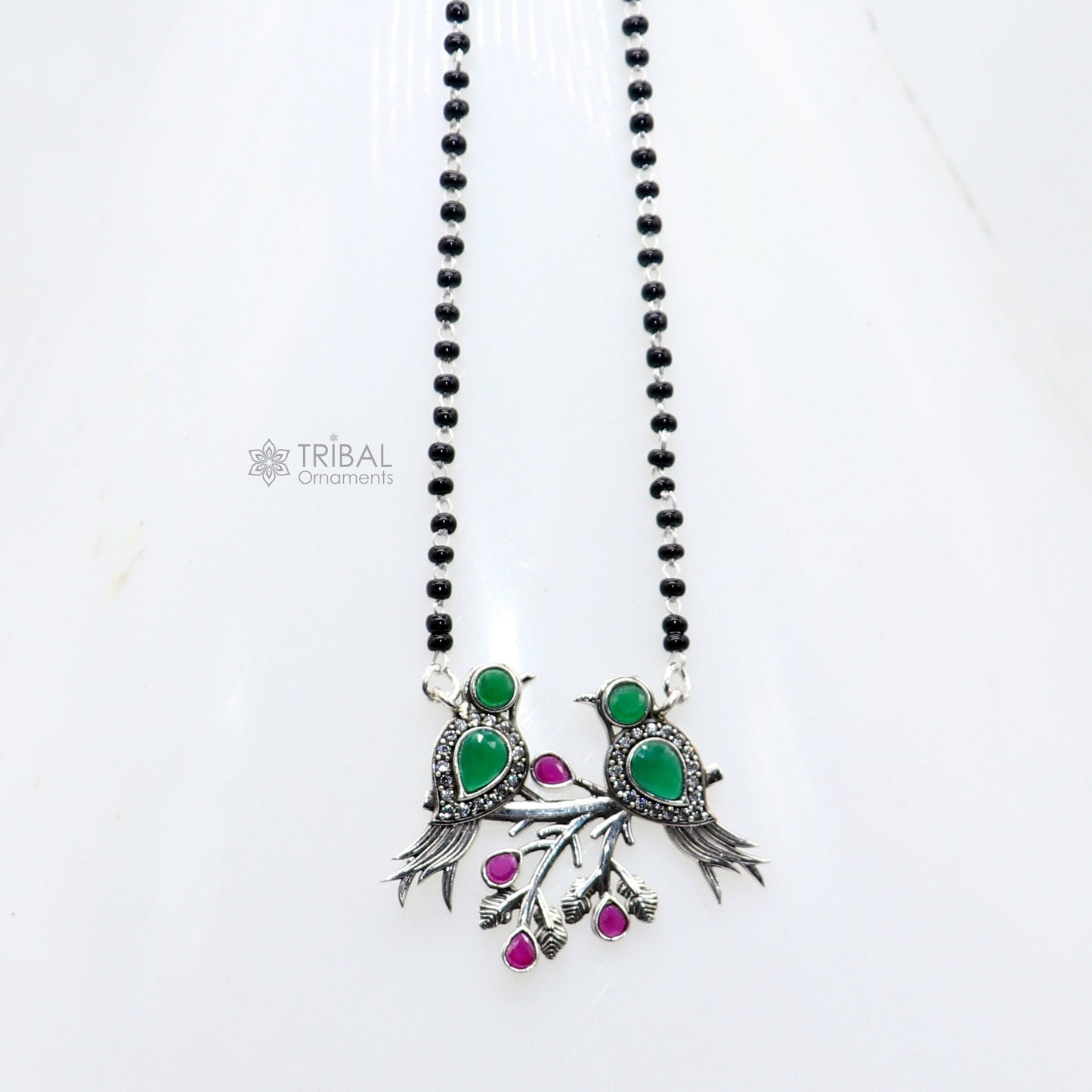 925 sterling silver black beads chain mangal sutra necklace  best brides Mangalsutra chunky necklace love bird green stone pendant ms62 - TRIBAL ORNAMENTS