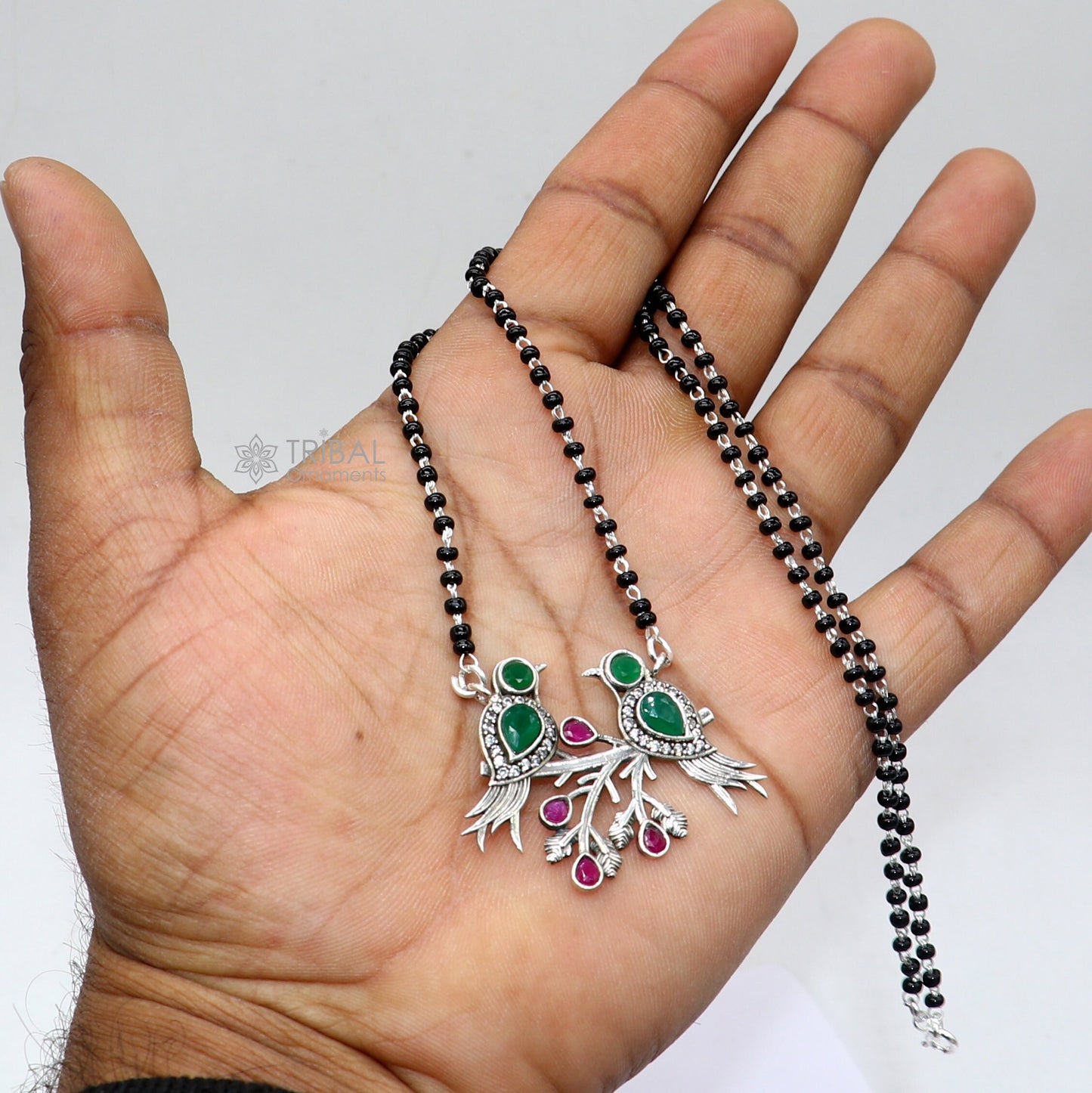 925 sterling silver black beads chain mangal sutra necklace  best brides Mangalsutra chunky necklace love bird green stone pendant ms62 - TRIBAL ORNAMENTS
