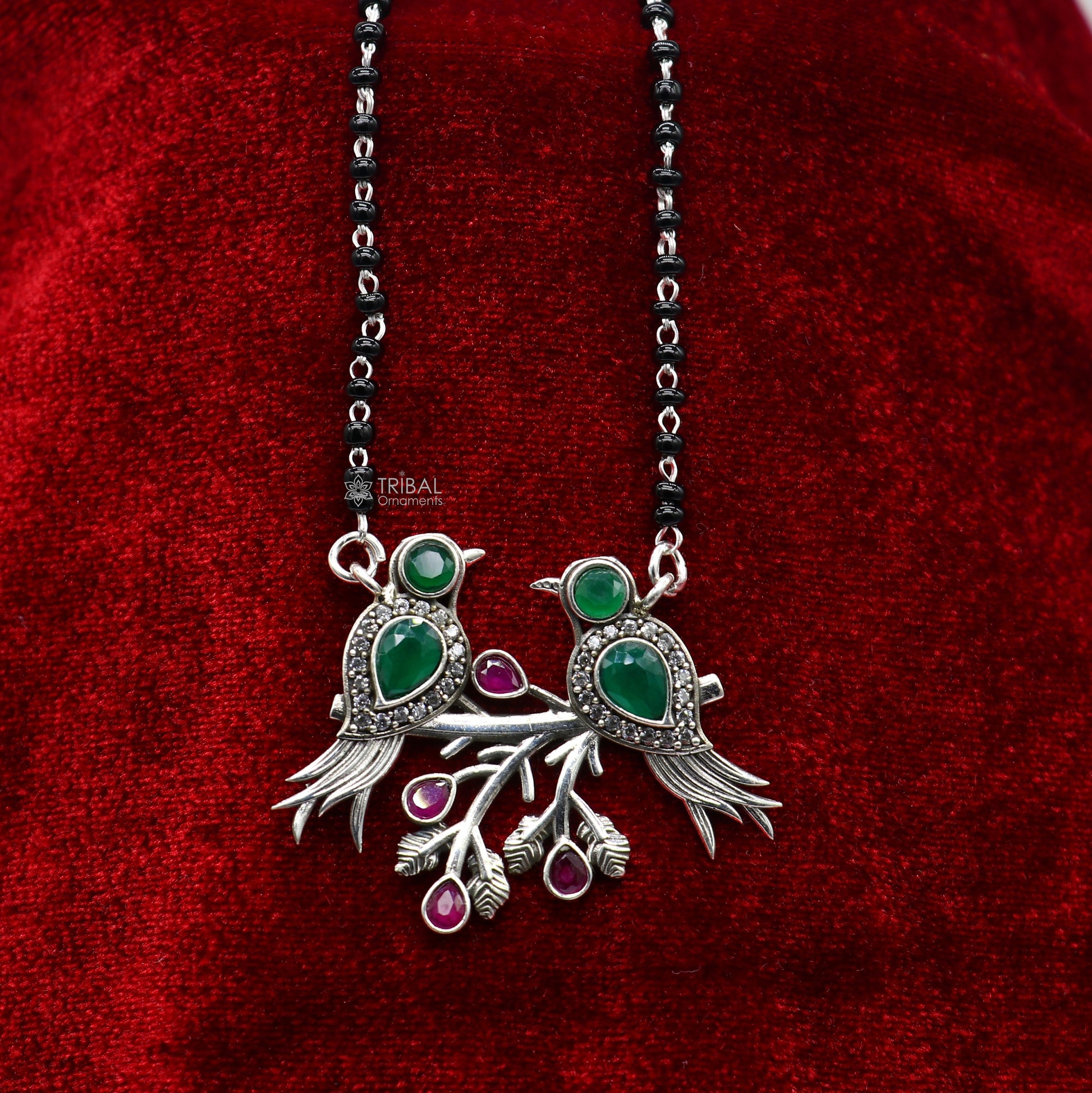 925 sterling silver black beads chain mangal sutra necklace  best brides Mangalsutra chunky necklace love bird green stone pendant ms62 - TRIBAL ORNAMENTS