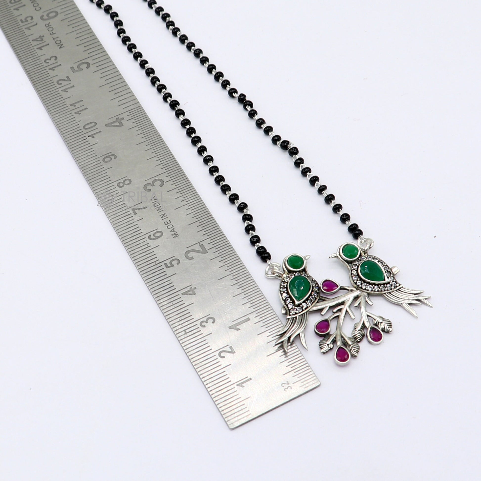 925 sterling silver black beads chain mangal sutra necklace  best brides Mangalsutra chunky necklace love bird green stone pendant ms62 - TRIBAL ORNAMENTS