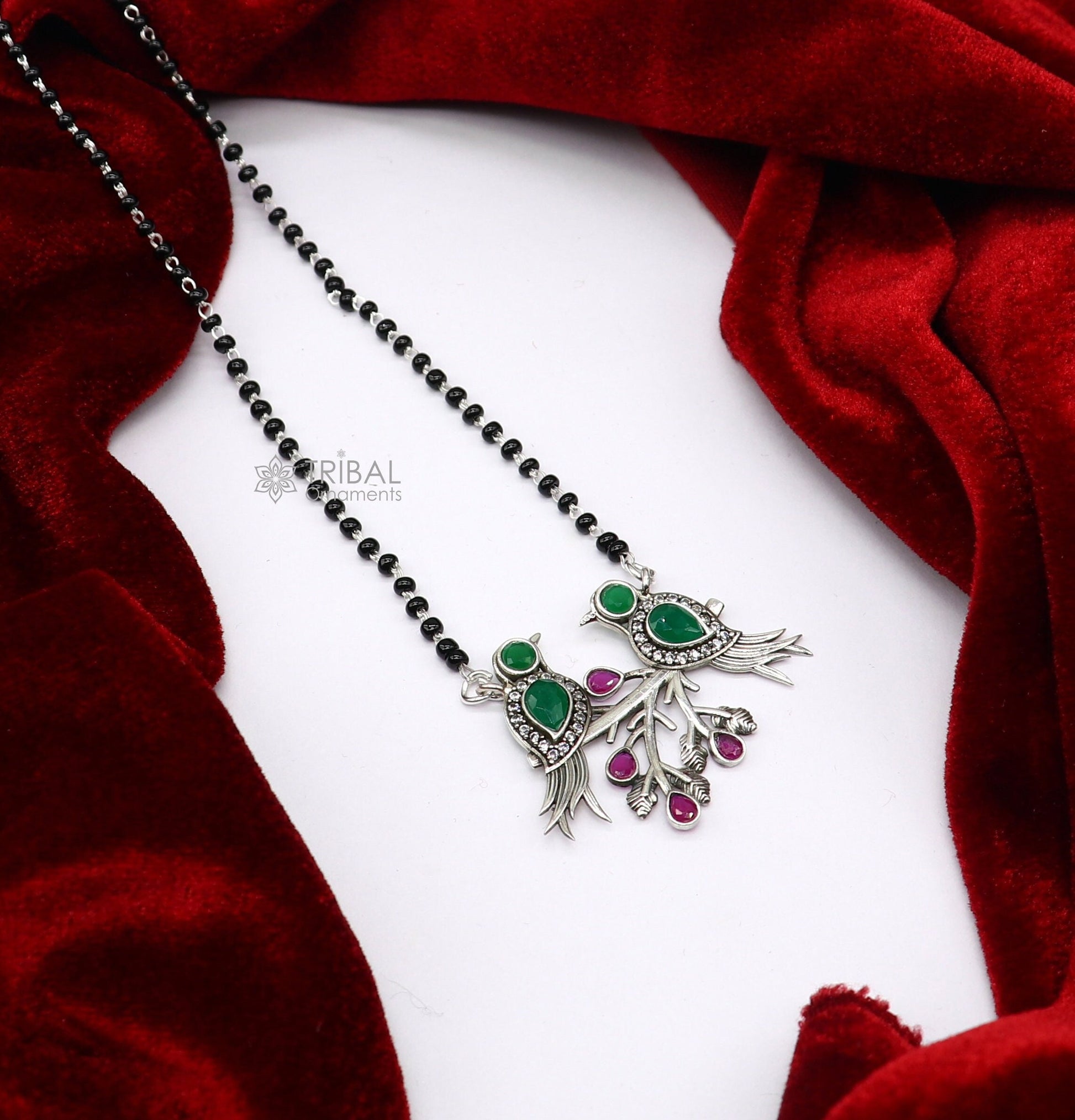 925 sterling silver black beads chain mangal sutra necklace  best brides Mangalsutra chunky necklace love bird green stone pendant ms62 - TRIBAL ORNAMENTS
