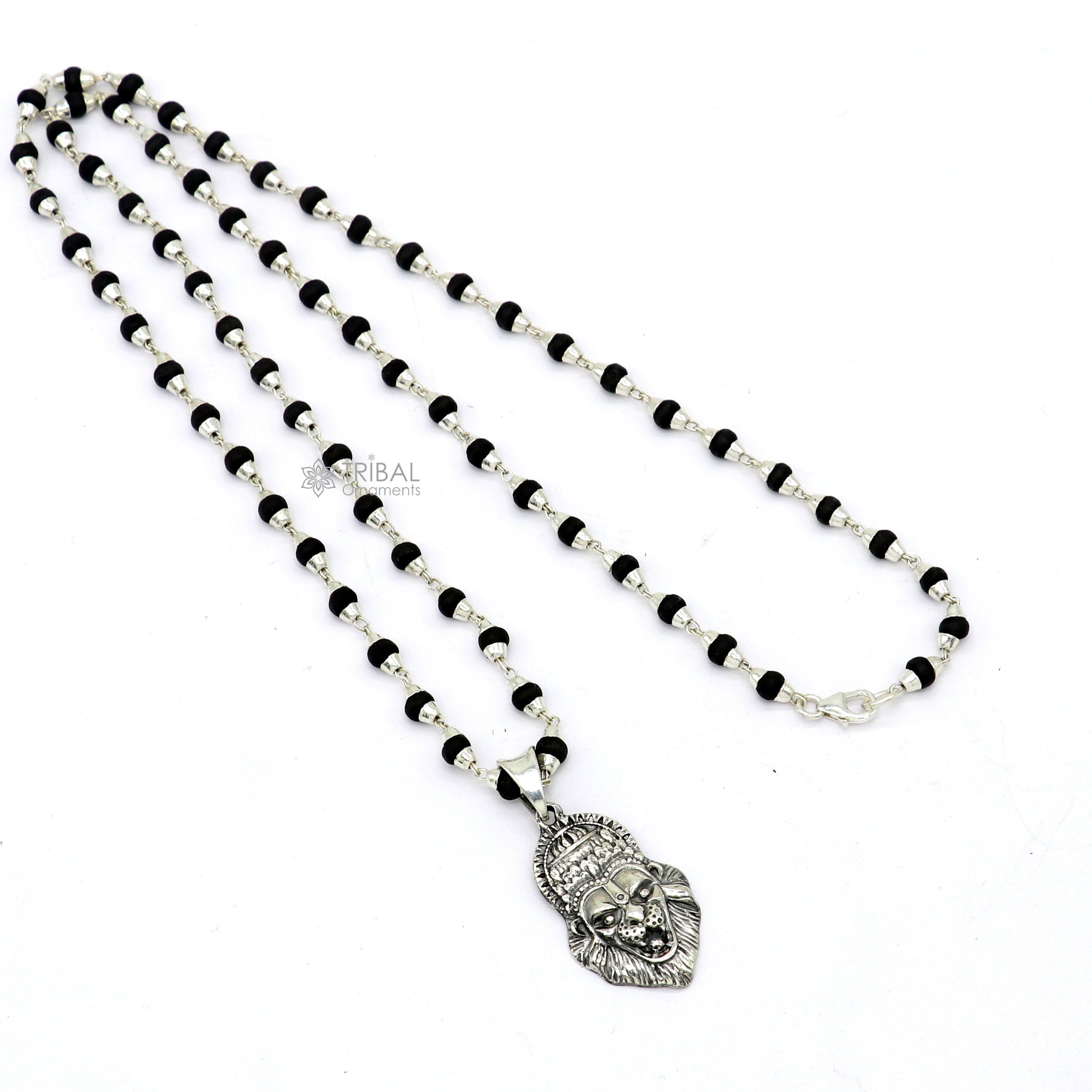 Holy Basil rosary 4 mm beads solid silver necklace with amazing south india lord vishnu narsimha pendant with tulsi mala from india set676