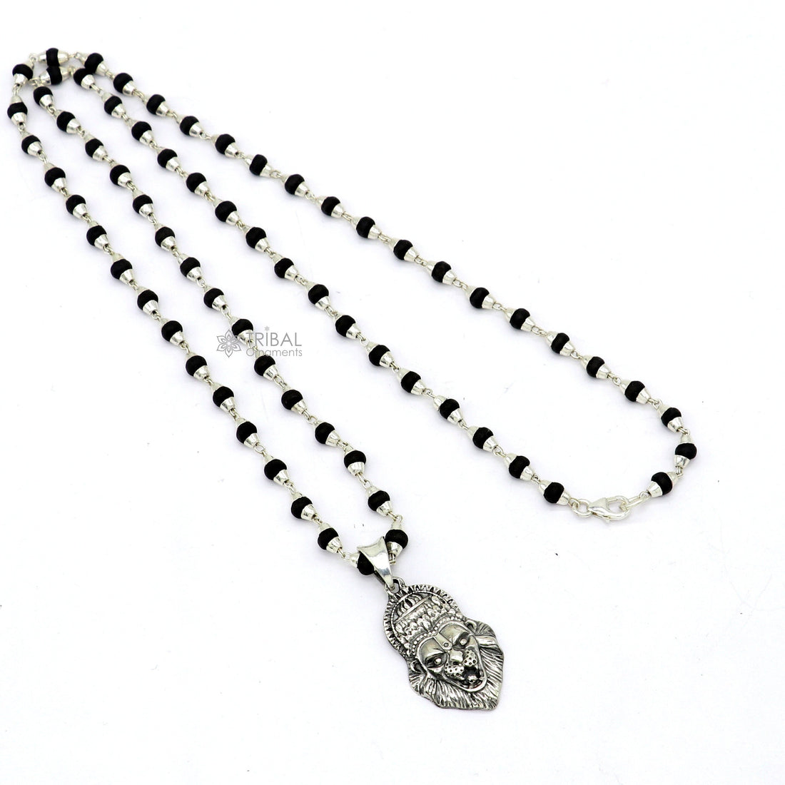 Holy Basil rosary 4 mm beads solid silver necklace with amazing south india lord vishnu narsimha pendant with tulsi mala from india set676 - TRIBAL ORNAMENTS