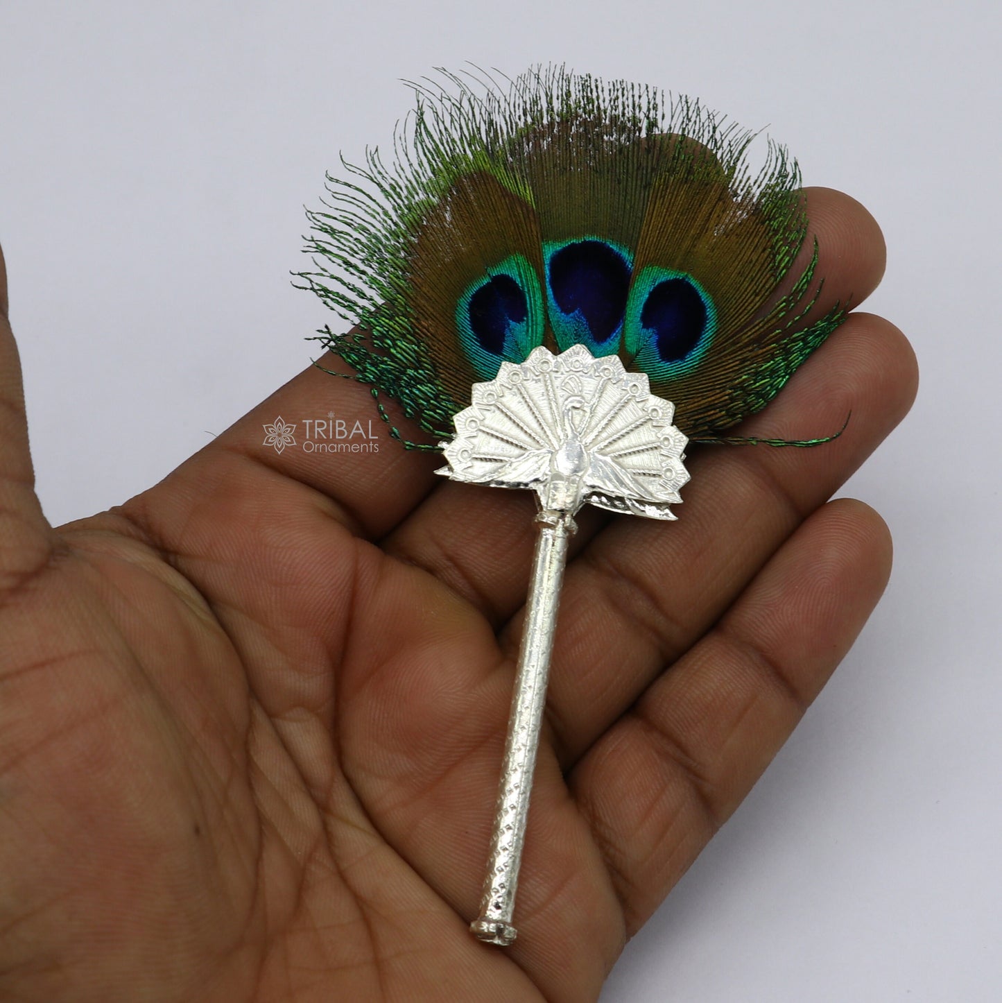 Vintage antique style handmade Mor chhadi, with peacock feather, best lord krishna laddu gopal gift, silver pankhi silver mor chadi su1289 - TRIBAL ORNAMENTS