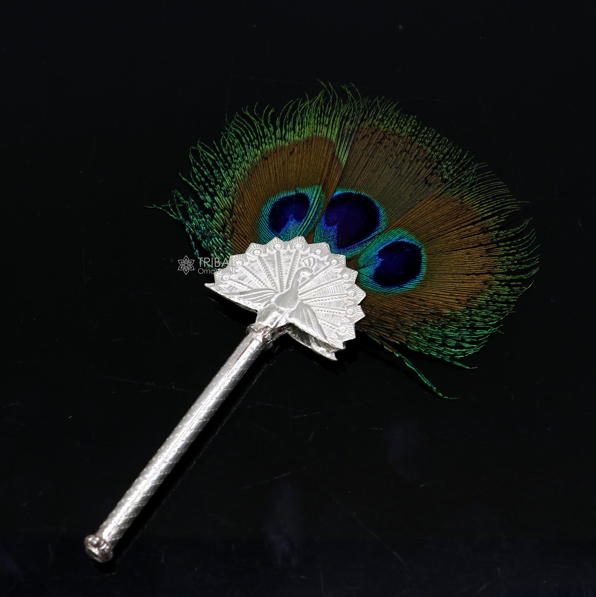 Vintage antique style handmade Mor chhadi, with peacock feather, best lord krishna laddu gopal gift, silver pankhi silver mor chadi su1289 - TRIBAL ORNAMENTS