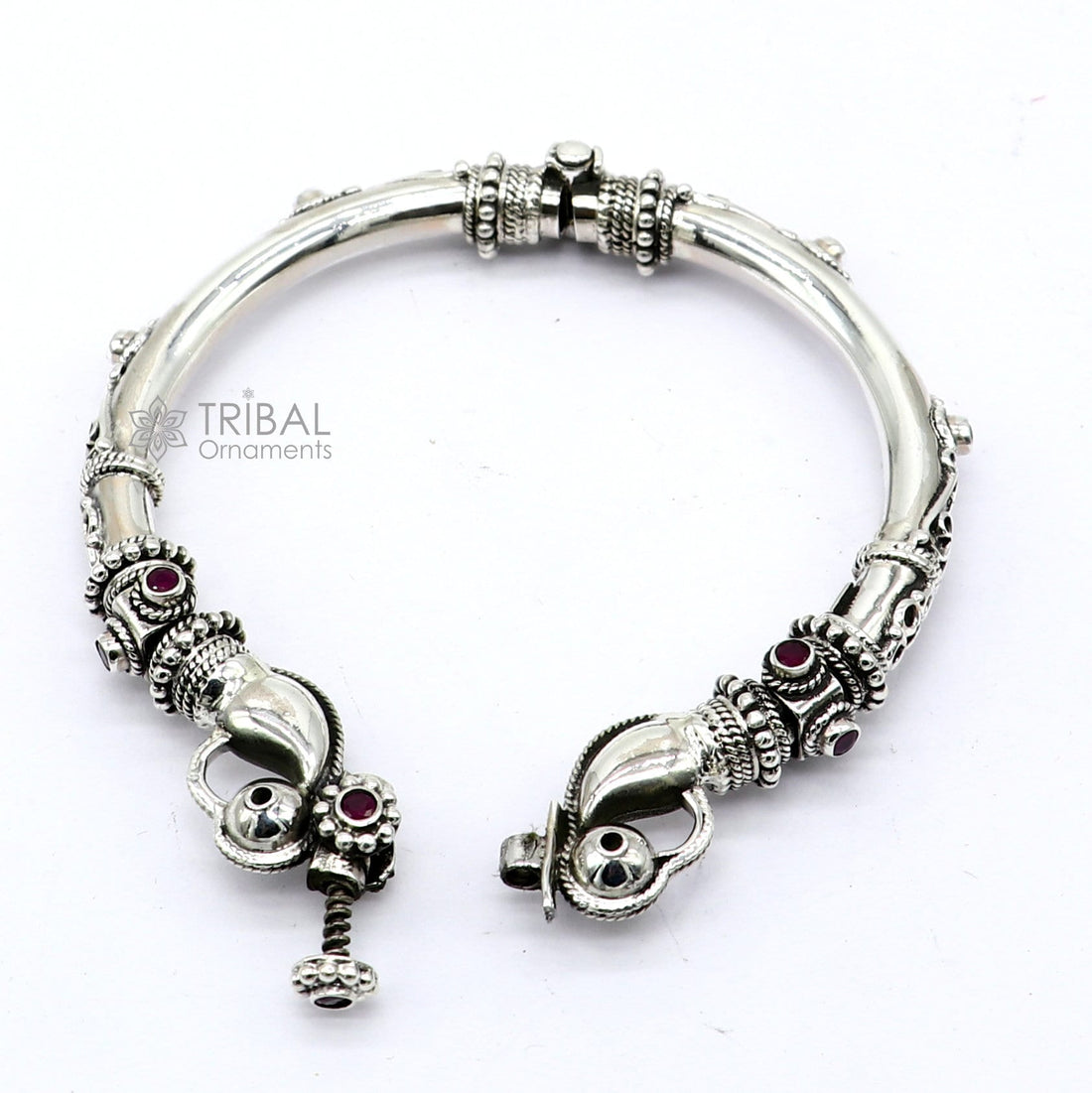 925 Sterling silver handmade vintage peacock design red stone studded tribal ethnic belly dance bangle bracelet gifting kada nsk814 - TRIBAL ORNAMENTS