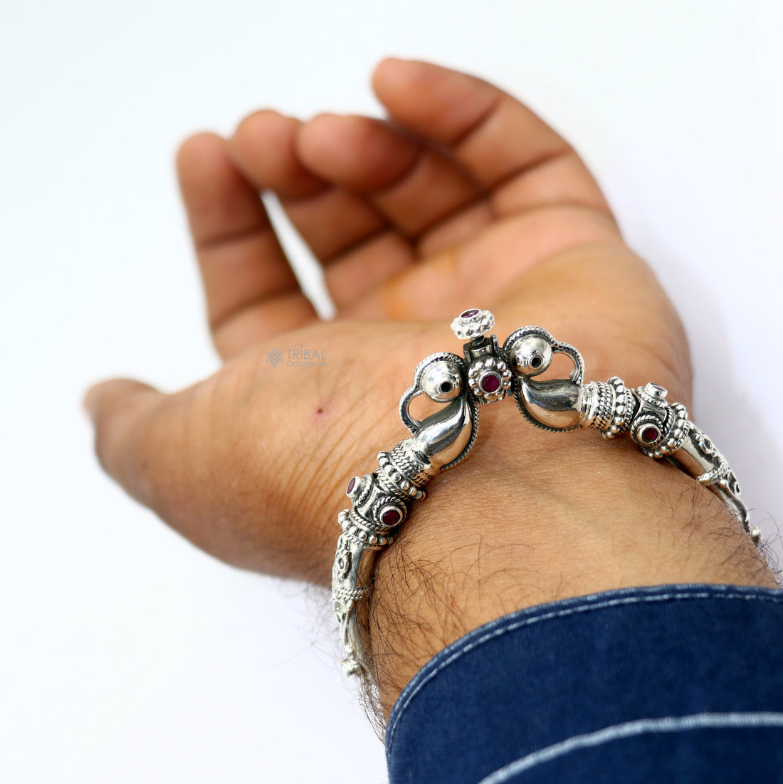 925 Sterling silver handmade vintage peacock design red stone studded tribal ethnic belly dance bangle bracelet gifting kada nsk814 - TRIBAL ORNAMENTS