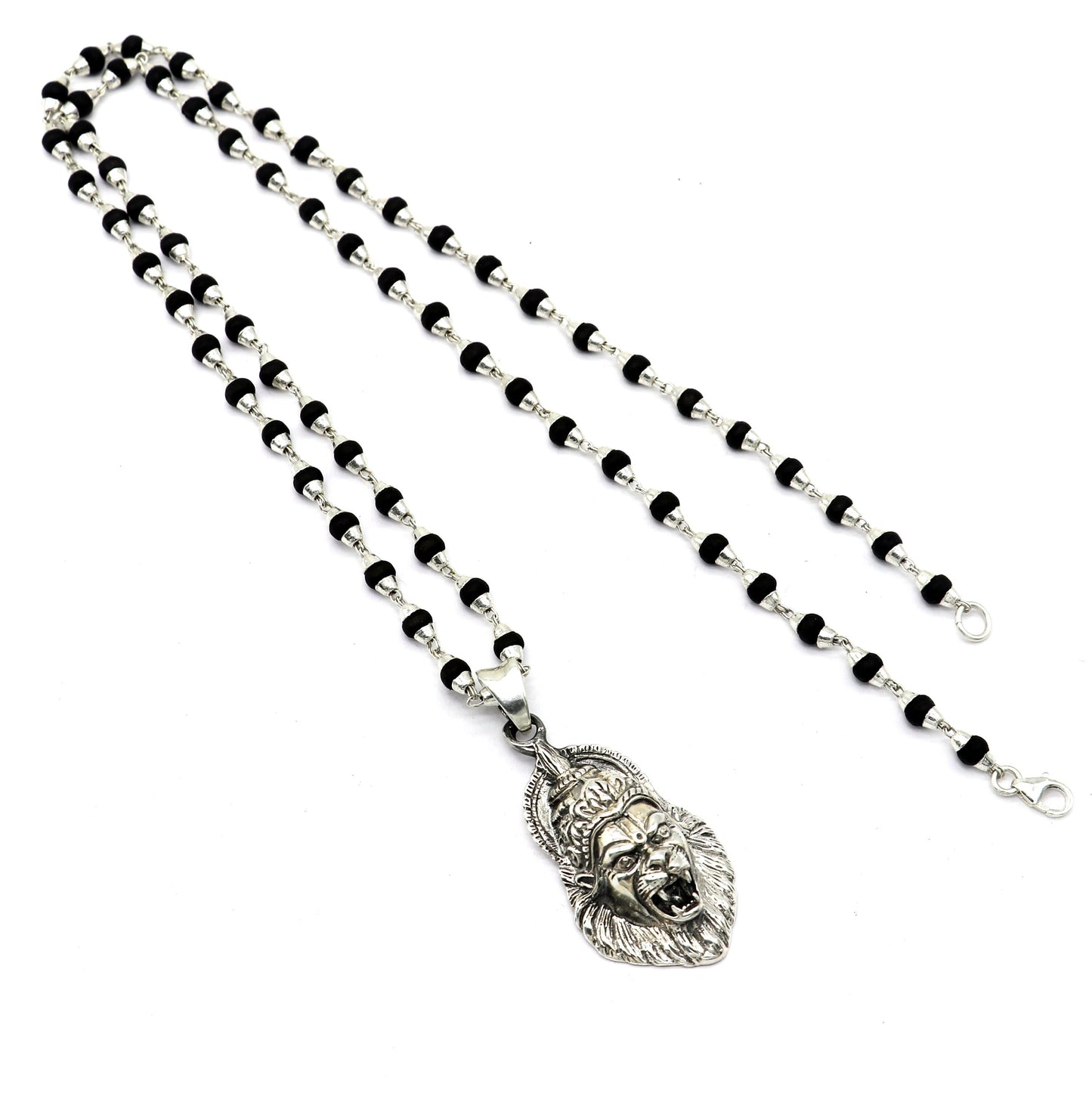 Vintage 925 Sterling silver Lord Vishnu avatar Narsimha pendant with Black and white rosary beads (tulsi mala) meditation necklace set677 - TRIBAL ORNAMENTS