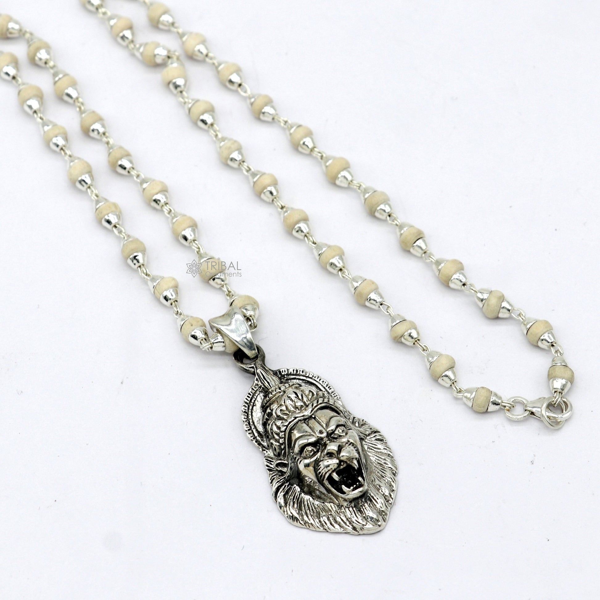 Vintage 925 Sterling silver Lord Vishnu avatar Narsimha pendant with Black and white rosary beads (tulsi mala) meditation necklace set677 - TRIBAL ORNAMENTS