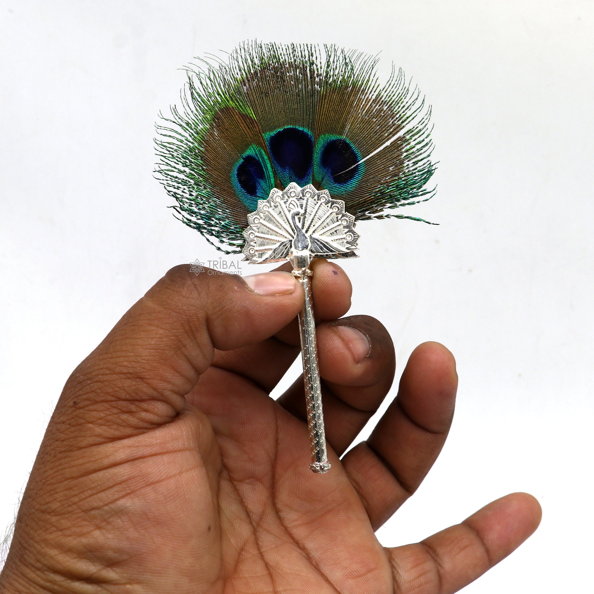 Vintage antique style handmade Mor chhadi, with peacock feather, best lord krishna laddu gopal gift, silver pankhi silver mor chadi su1289 - TRIBAL ORNAMENTS