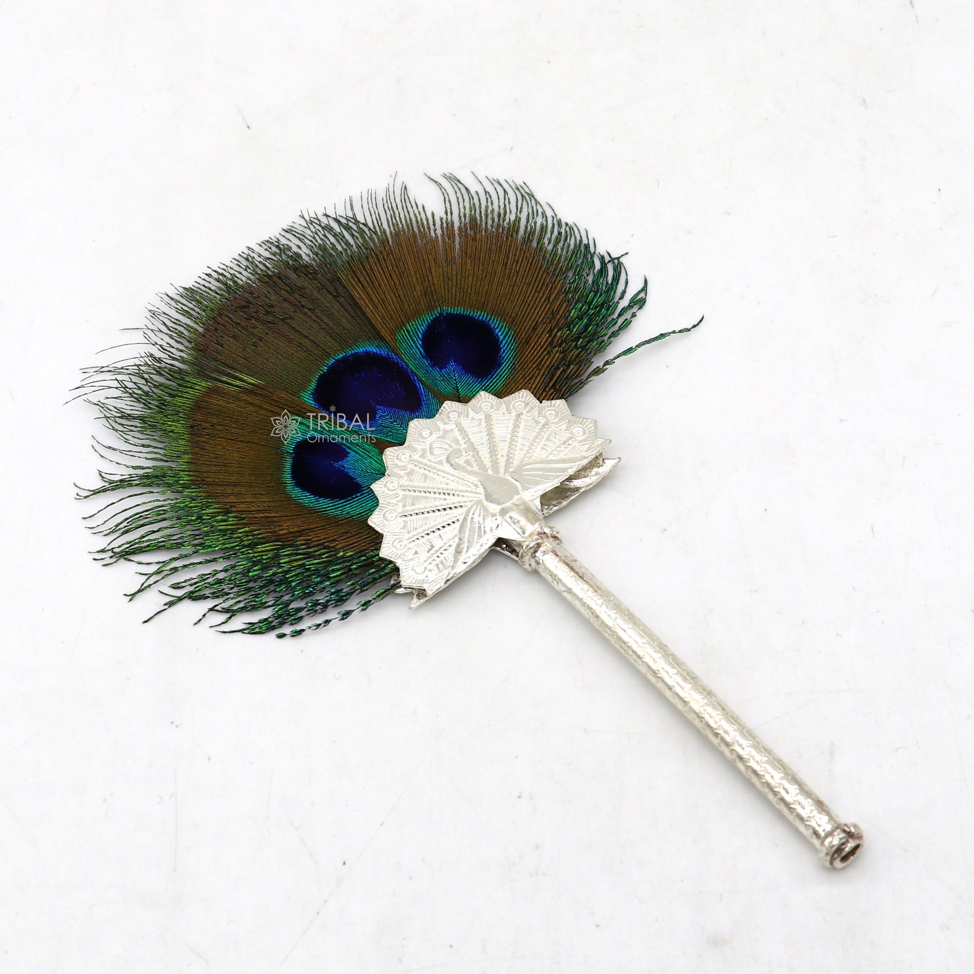 Vintage antique style handmade Mor chhadi, with peacock feather, best lord krishna laddu gopal gift, silver pankhi silver mor chadi su1289 - TRIBAL ORNAMENTS
