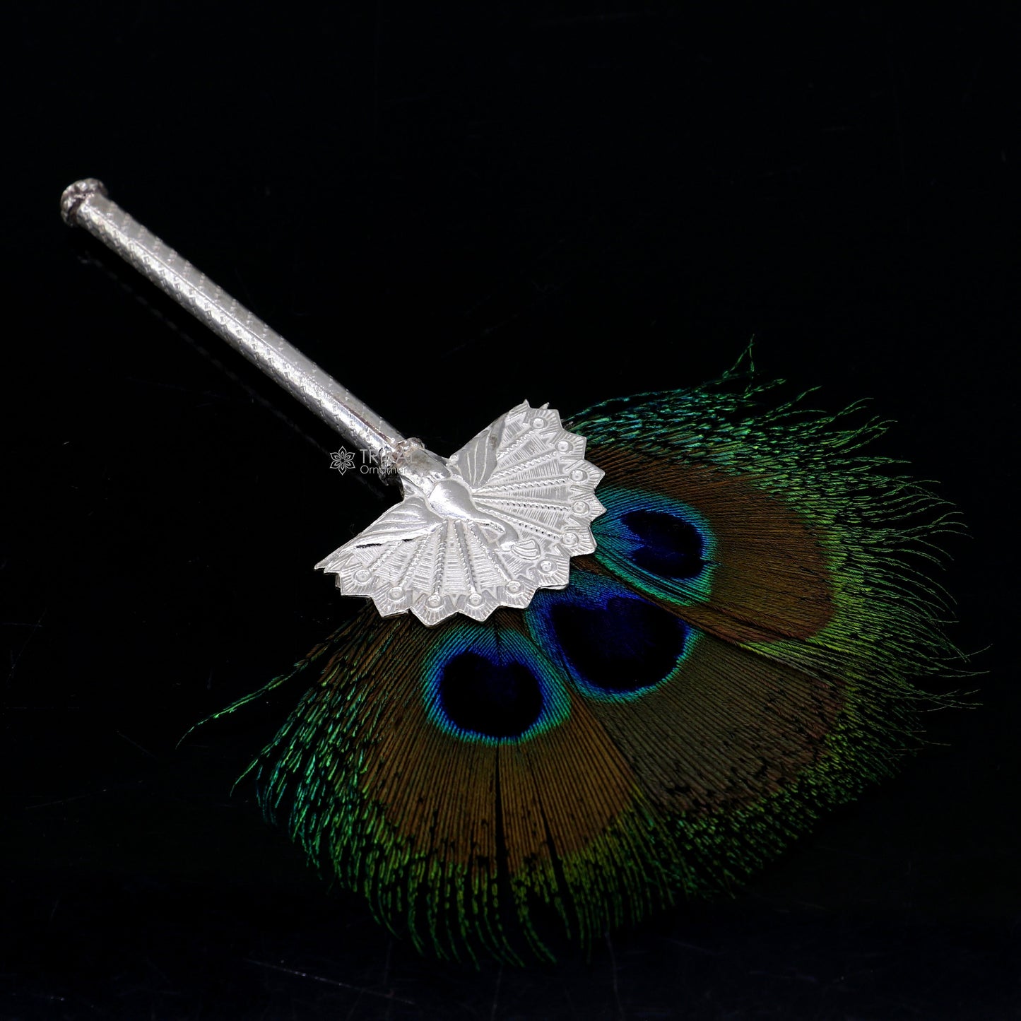 Vintage antique style handmade Mor chhadi, with peacock feather, best lord krishna laddu gopal gift, silver pankhi silver mor chadi su1289 - TRIBAL ORNAMENTS