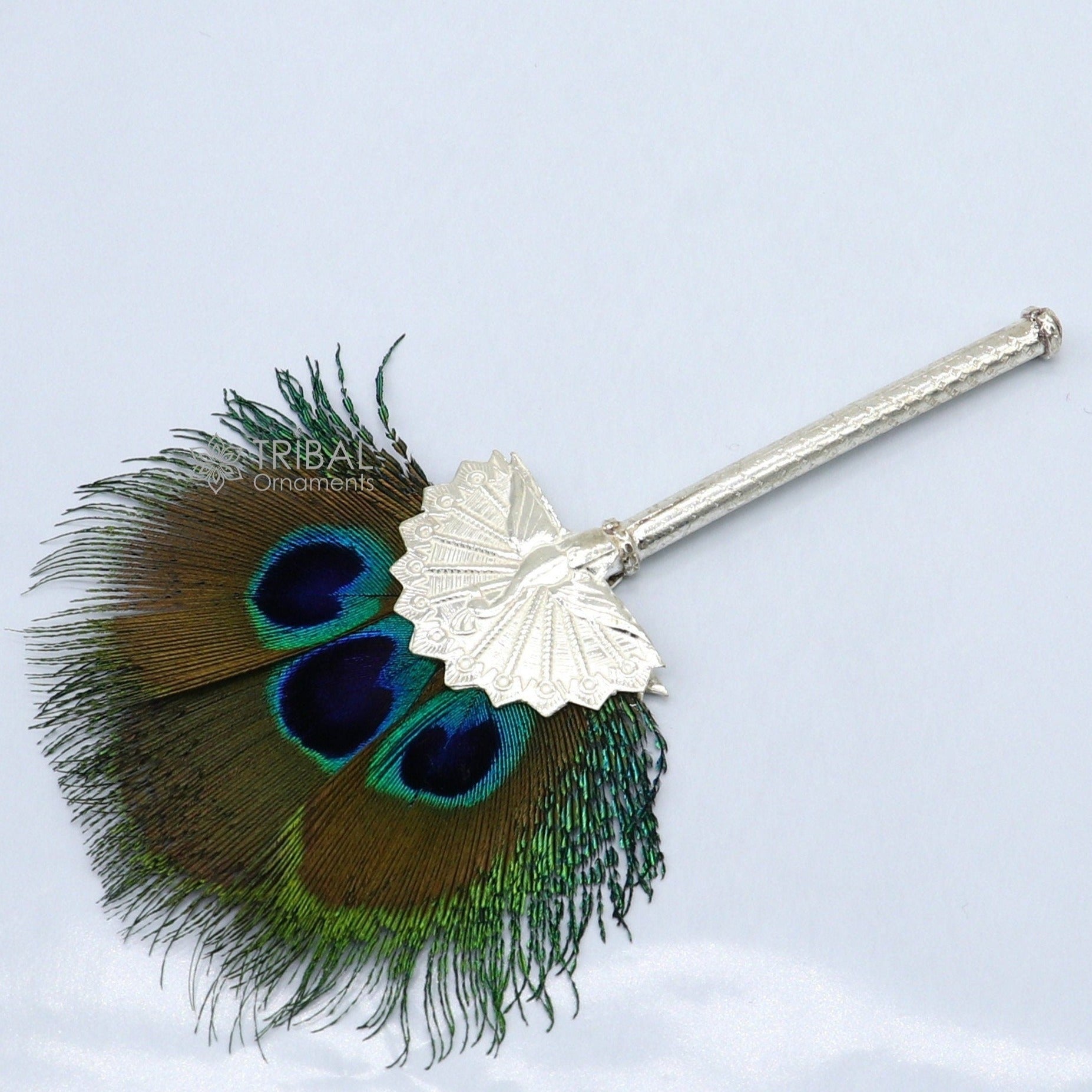 Vintage antique style handmade Mor chhadi, with peacock feather, best lord krishna laddu gopal gift, silver pankhi silver mor chadi su1289 - TRIBAL ORNAMENTS