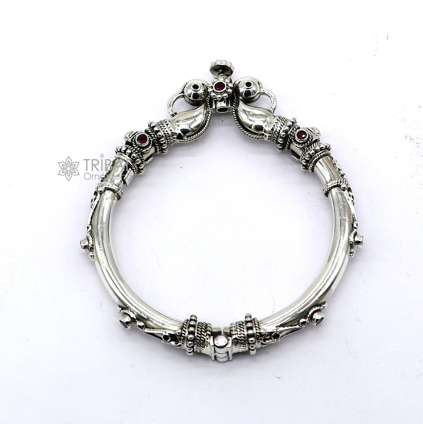 925 Sterling silver handmade vintage peacock design red stone studded tribal ethnic belly dance bangle bracelet gifting kada nsk814 - TRIBAL ORNAMENTS