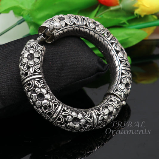 925 sterling silver handmade fabulous flower work vintage design bangle bracelet, excellent traditional style wedding jewelry nba156 - TRIBAL ORNAMENTS