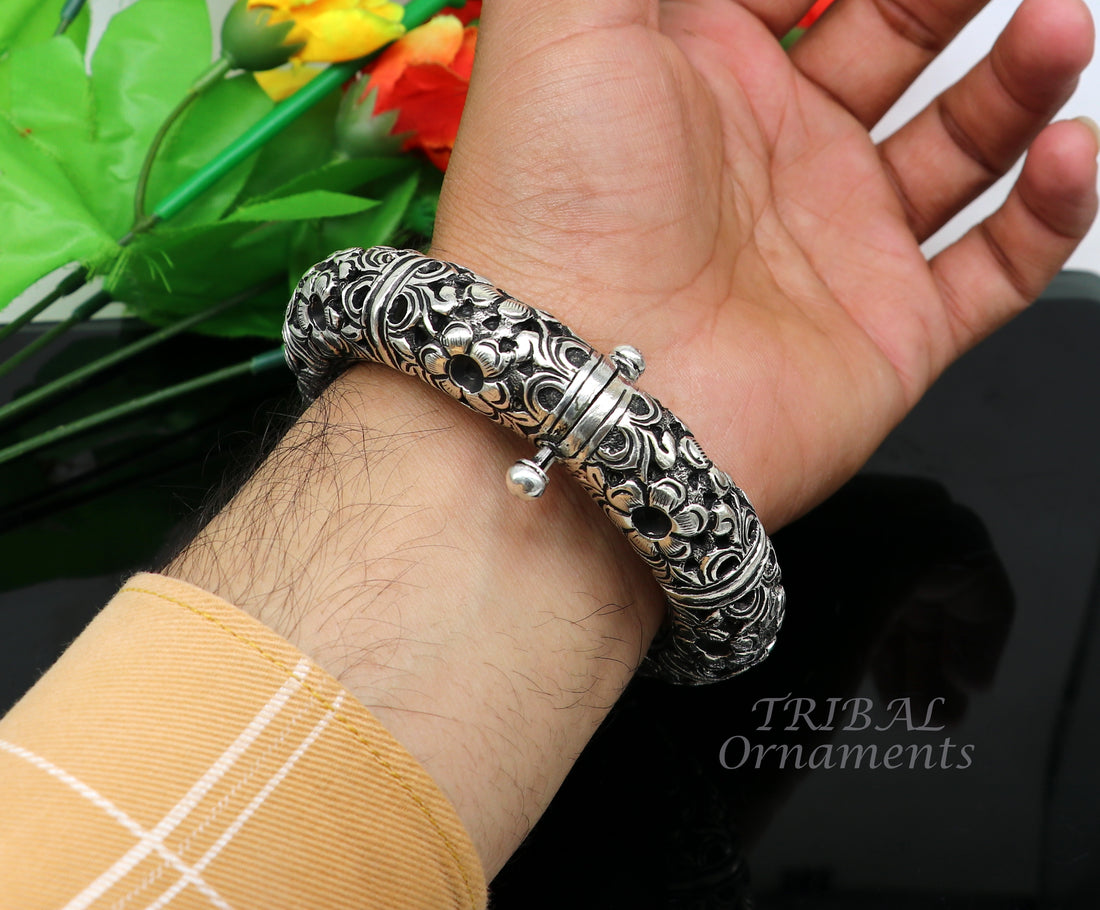 925 sterling silver handmade fabulous flower work vintage design bangle bracelet, excellent traditional style wedding jewelry nba156 - TRIBAL ORNAMENTS