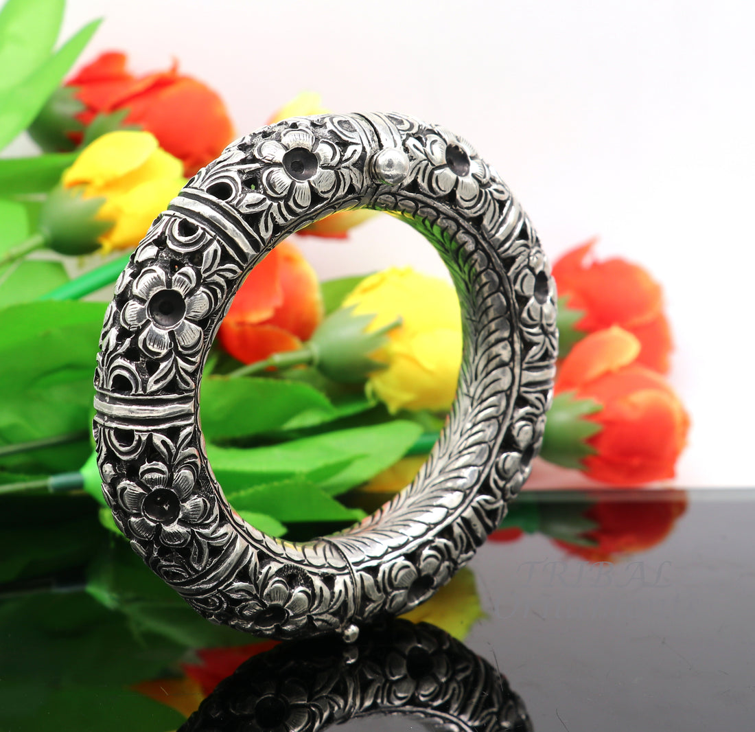 925 sterling silver handmade fabulous flower work vintage design bangle bracelet, excellent traditional style wedding jewelry nba156 - TRIBAL ORNAMENTS