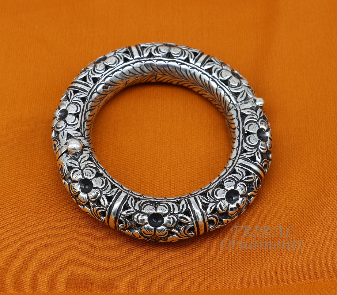 925 sterling silver handmade fabulous flower work vintage design bangle bracelet, excellent traditional style wedding jewelry nba156 - TRIBAL ORNAMENTS