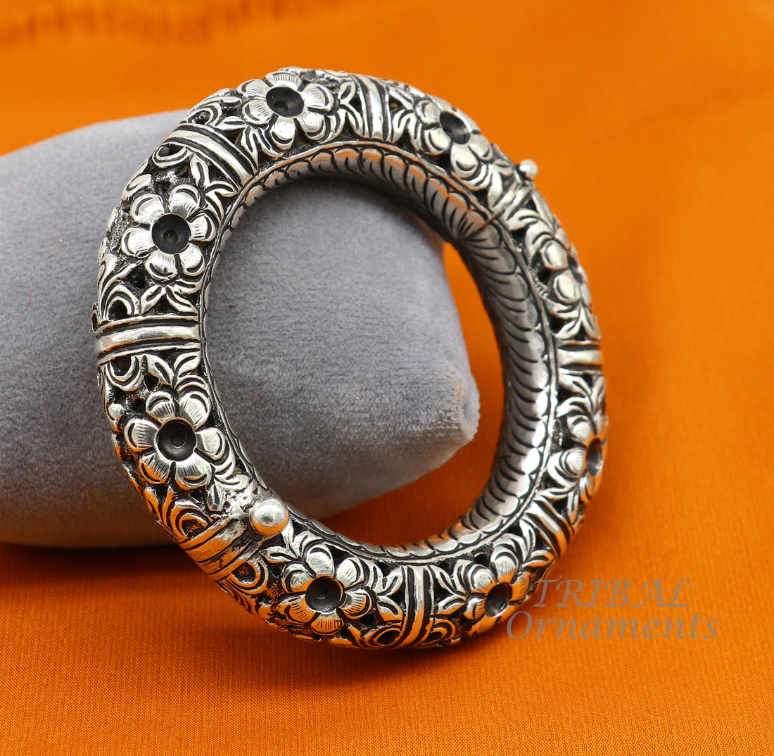 925 sterling silver handmade fabulous flower work vintage design bangle bracelet, excellent traditional style wedding jewelry nba156 - TRIBAL ORNAMENTS