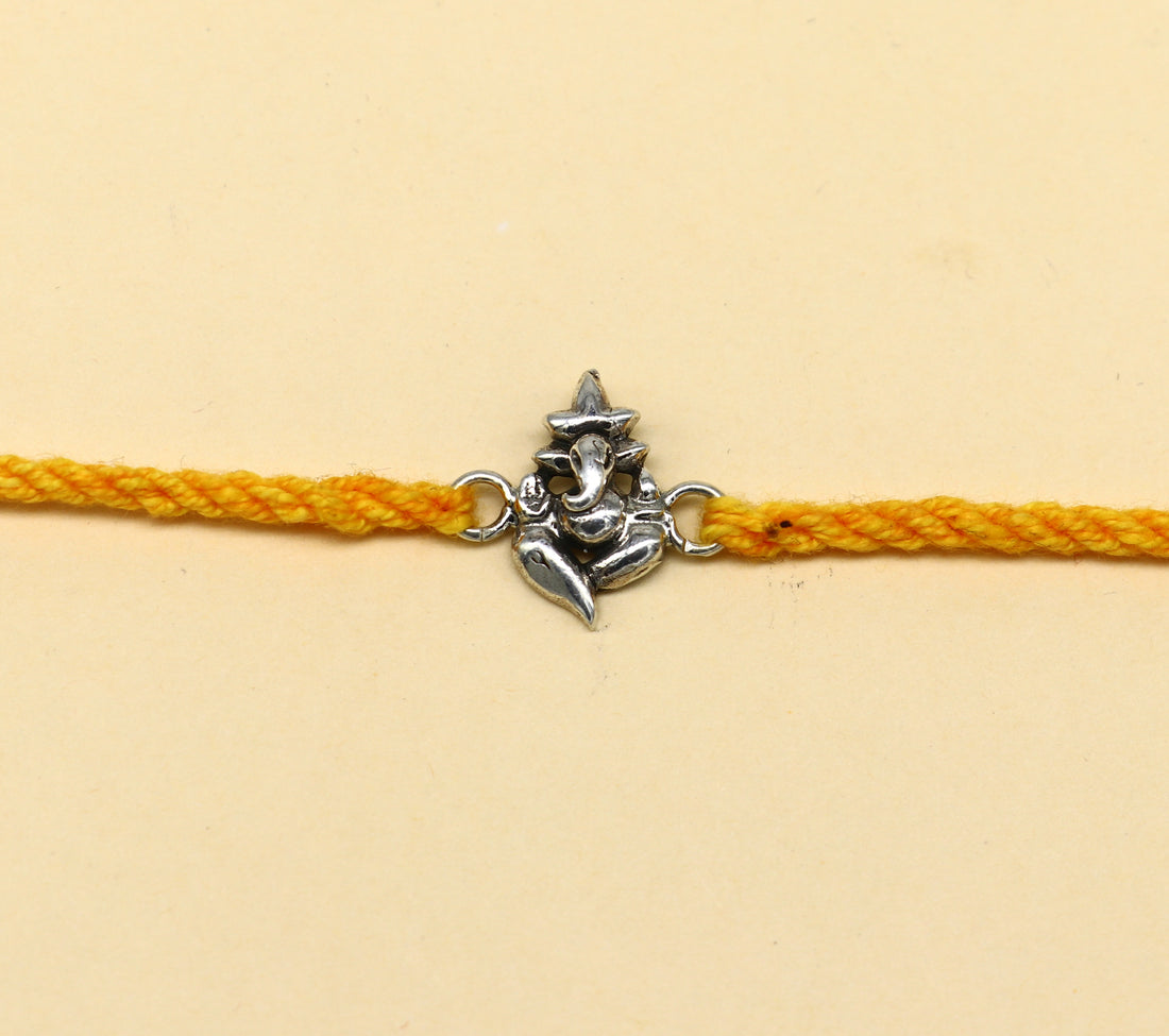 925 sterling silver custom design God Ganesha design Rakhi bracelet with stunning yellow thread Best sibling rakhi for Festival Rakshabandhan rk166 - TRIBAL ORNAMENTS