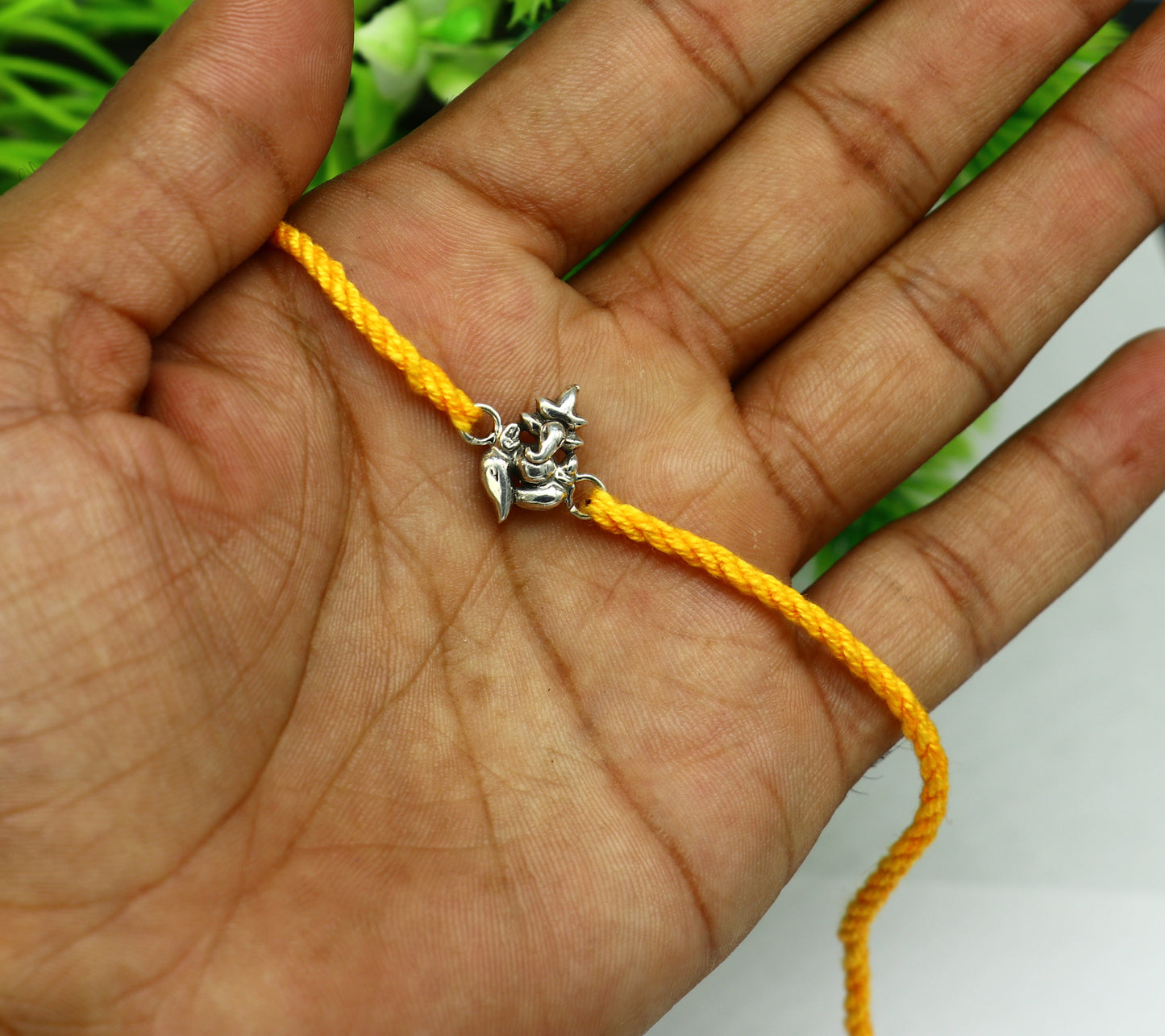 925 sterling silver custom design God Ganesha design Rakhi bracelet with stunning yellow thread Best sibling rakhi for Festival Rakshabandhan rk166 - TRIBAL ORNAMENTS