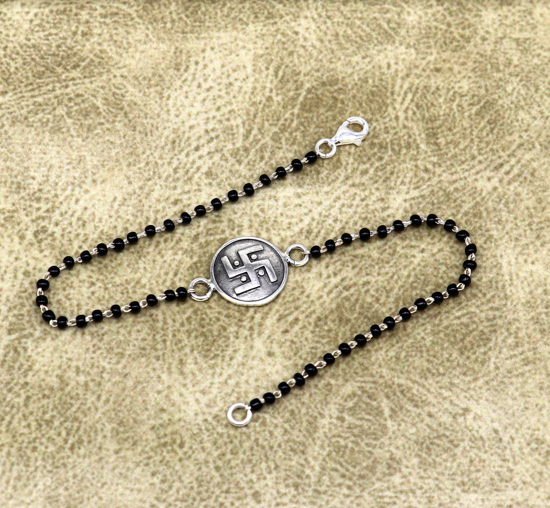 8.5" 925 Sterling silver customized black beaded Swastik Rakhi bracelet. best gift for your brother's for special occasion gifing rk17 - TRIBAL ORNAMENTS