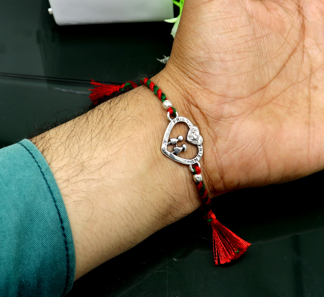 Pure 925 sterling silver handmade Heart design Rakhi Bracelet, amazing stylish gift for Rakshabandhan rk22 - TRIBAL ORNAMENTS