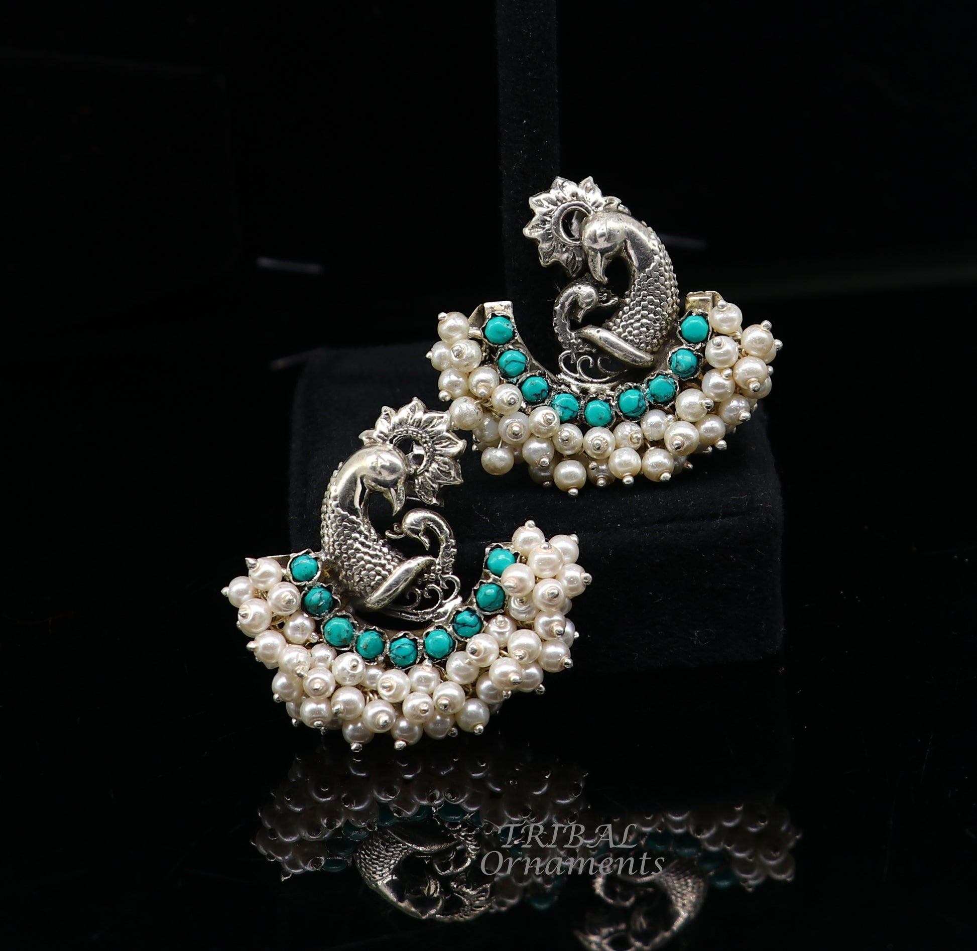 925 sterling silver handmade vintage antique design peacock stud earring fabulous hanging pearl and Green onyx stone earring jewelry s708 - TRIBAL ORNAMENTS
