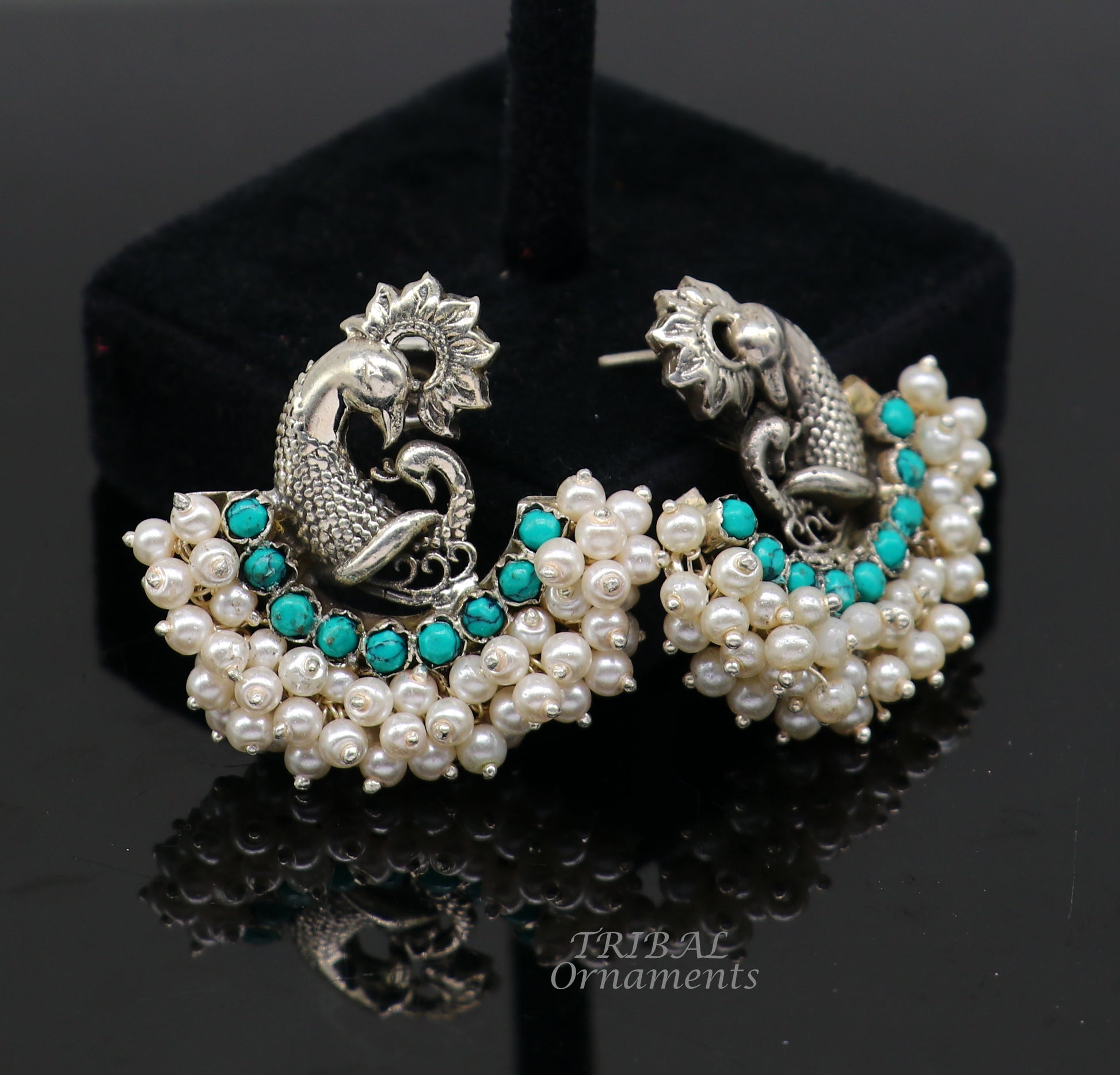 925 sterling silver handmade vintage antique design peacock stud earring fabulous hanging pearl and Green onyx stone earring jewelry s708 - TRIBAL ORNAMENTS