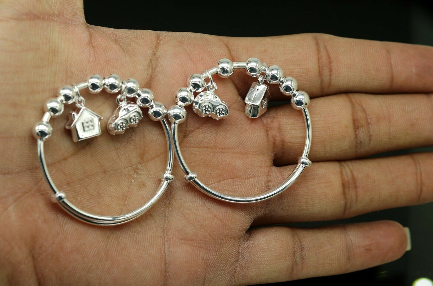925 sterling silver adjustable charm bangle bracelet kada unisex kids baby bbk31 - TRIBAL ORNAMENTS