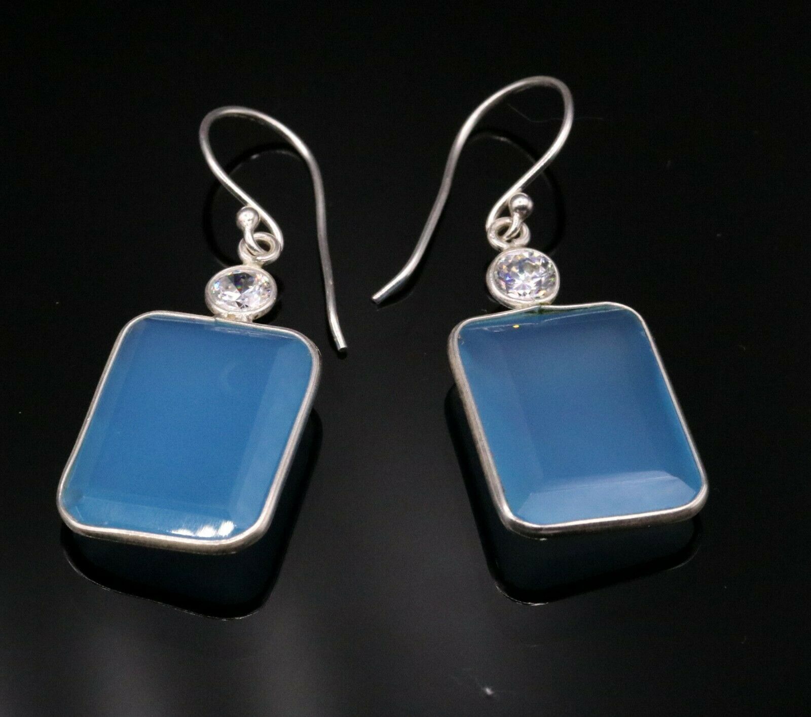 PRETTY SKY BLUE QUARTZ STONE 925 STERLING SILVER DROP DANGLE HOOPS EARRINGS s124 - TRIBAL ORNAMENTS