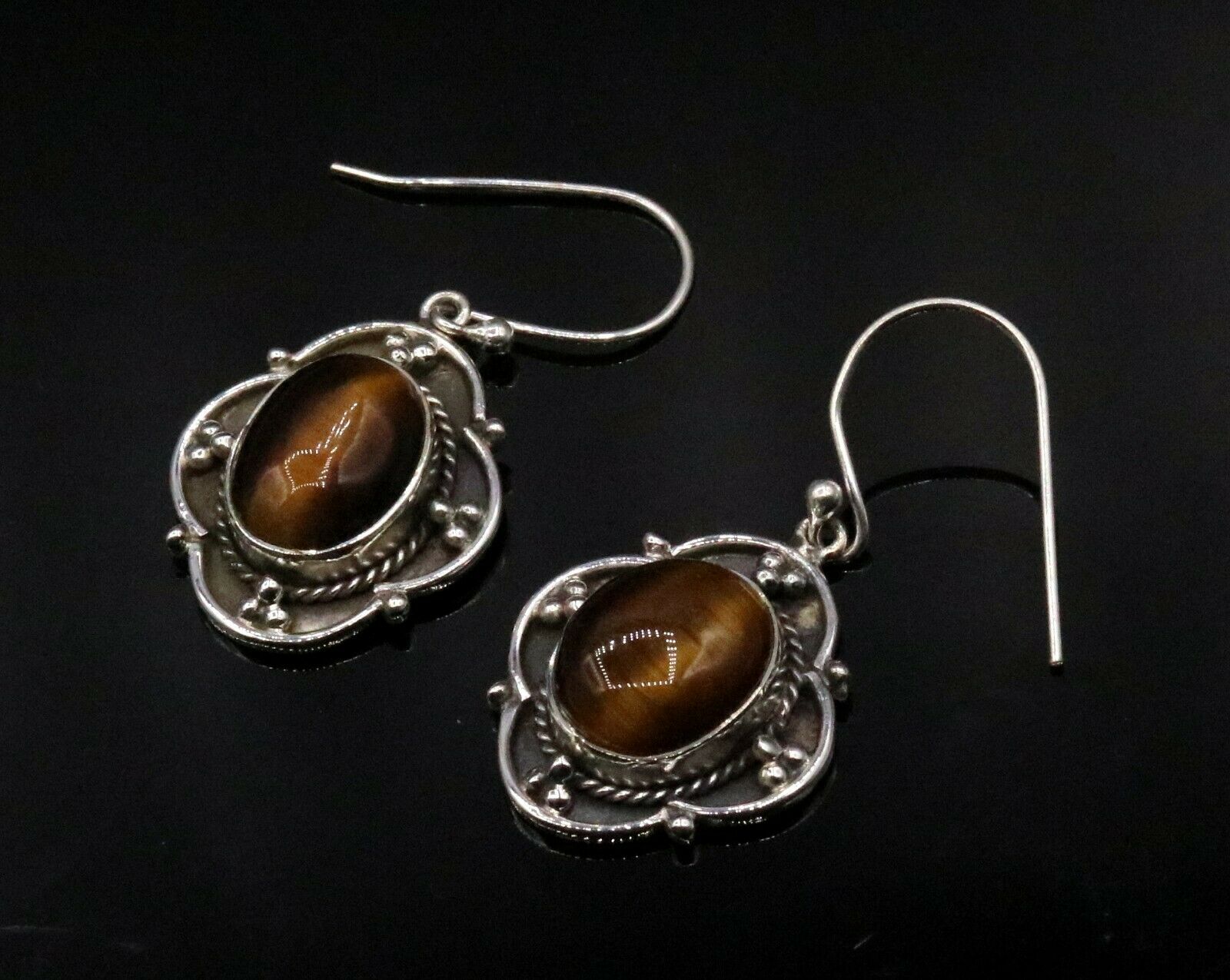 925 STERLING SILVER AMAZING TIGER'S STONE HOOPS EARRING DANGLING GIFTING S227 - TRIBAL ORNAMENTS