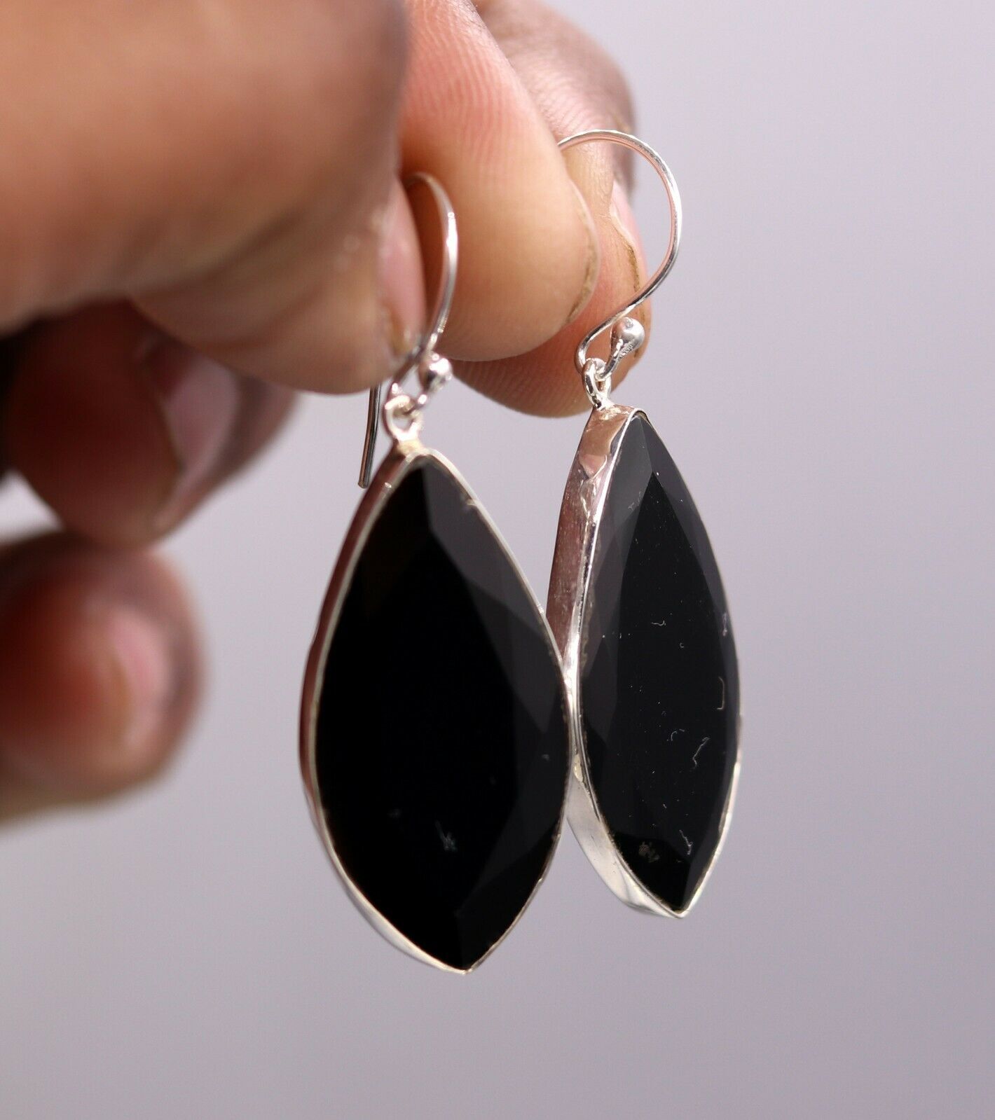 EXCELLENT GIFTING JEWELRY BLACK ONYX 925 SILVER HOOPS DROP DANGLE EARRING s129 - TRIBAL ORNAMENTS