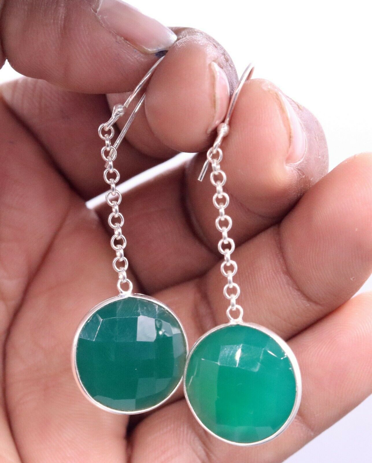 925 SOLID SILVER GREEN ONYX HOOPS LONG EARRING MODERN STYLISH JEWELRY STUD s150 - TRIBAL ORNAMENTS