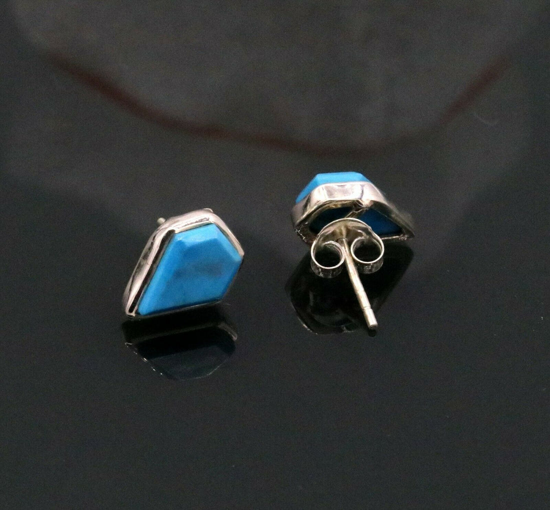 BLUE TURQUOISE STONE FABULOUS SOLID 925 SILVER STUD EARRINGS JEWELRY UNISEX S290 - TRIBAL ORNAMENTS