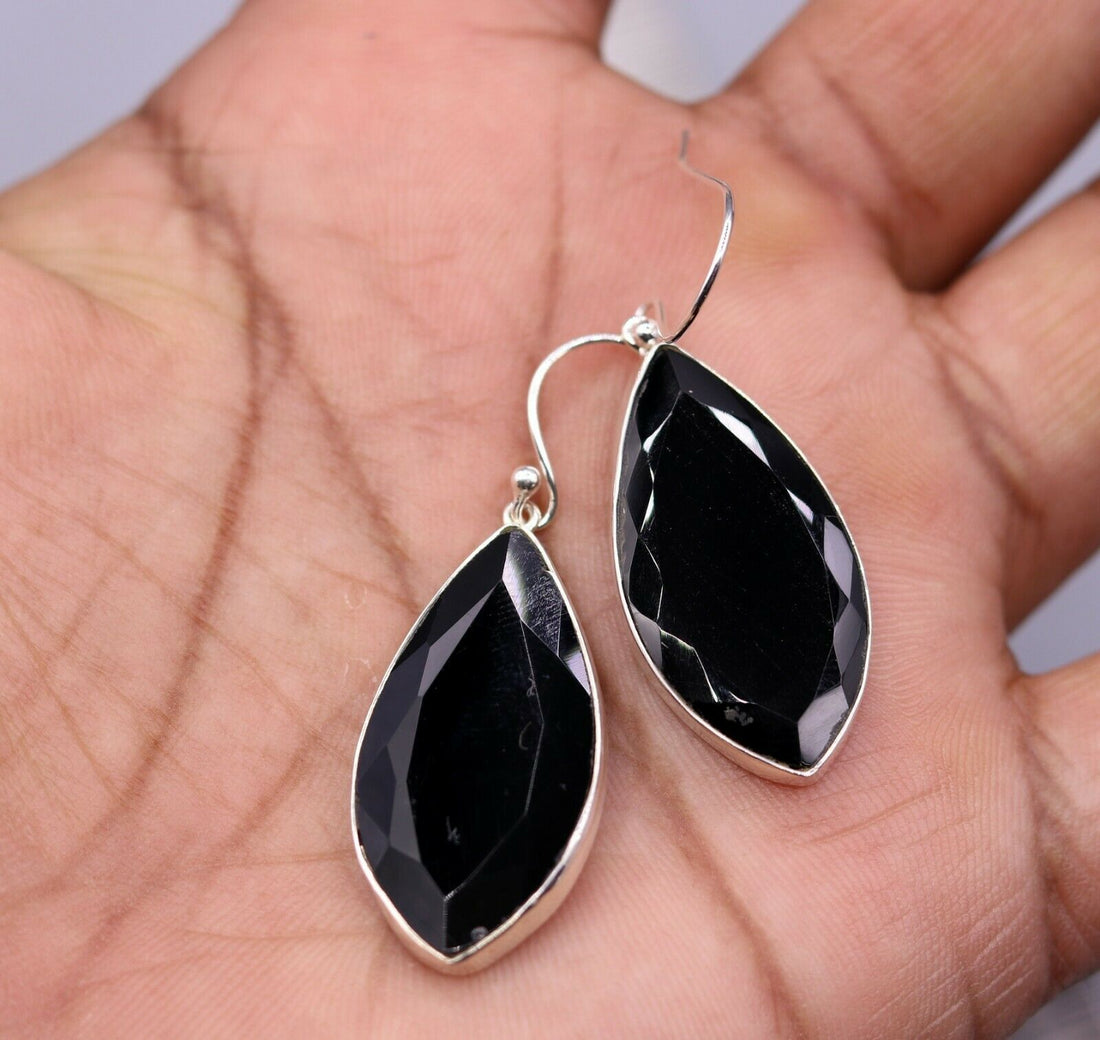 EXCELLENT GIFTING JEWELRY BLACK ONYX 925 SILVER HOOPS DROP DANGLE EARRING s129 - TRIBAL ORNAMENTS