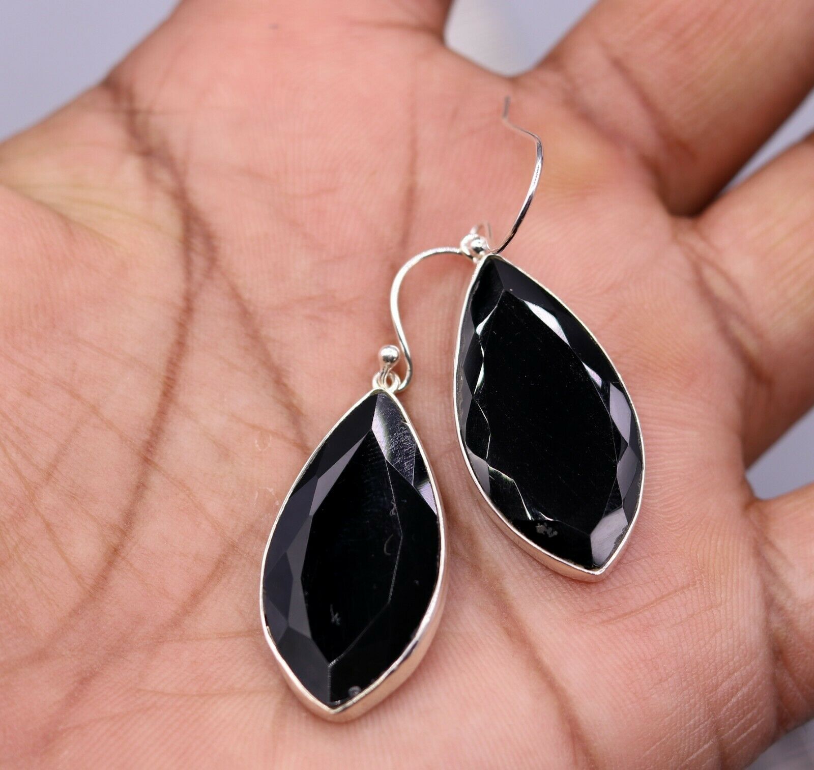 EXCELLENT GIFTING JEWELRY BLACK ONYX 925 SILVER HOOPS DROP DANGLE EARRING s129 - TRIBAL ORNAMENTS