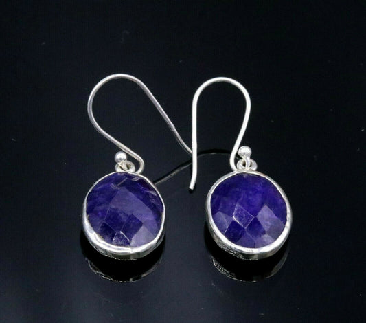 SOLID 925 STERLING SILVER HANDMADE SIMULATED SAPPHIRE HOOPS EARRINGS STUD s144 - TRIBAL ORNAMENTS