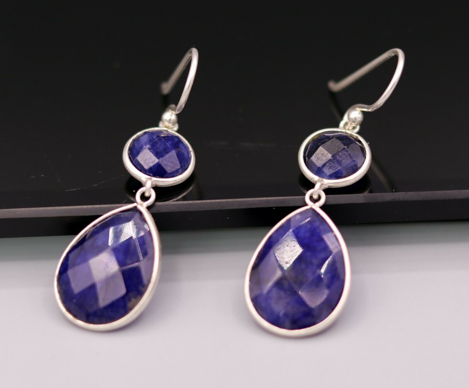 925 STERLING SILVER HANDMADE DAILY USE SIMULATED SAPPHIRE HOOPS EARRINGS s162 - TRIBAL ORNAMENTS