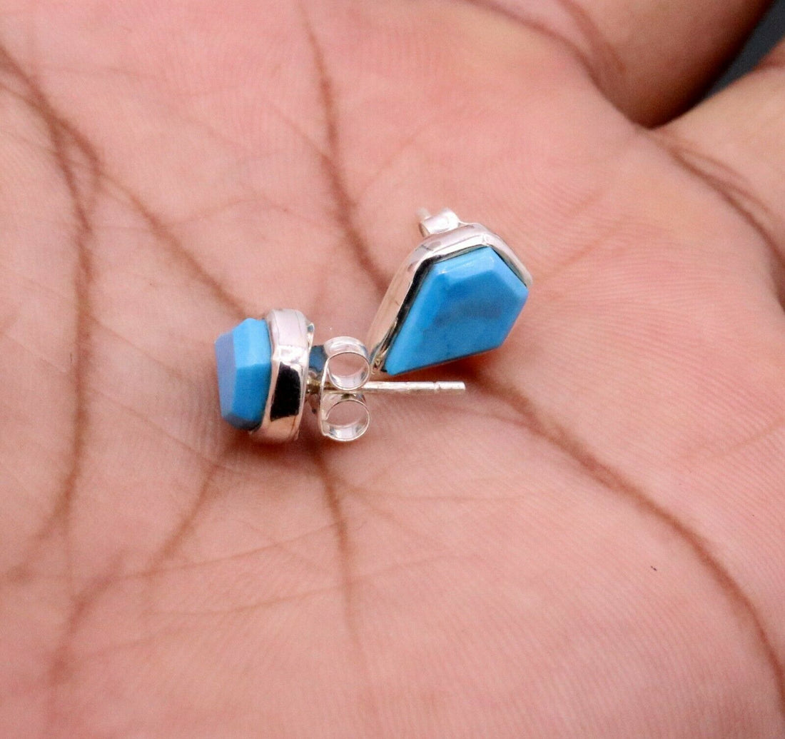 BLUE TURQUOISE STONE FABULOUS SOLID 925 SILVER STUD EARRINGS JEWELRY UNISEX S290 - TRIBAL ORNAMENTS