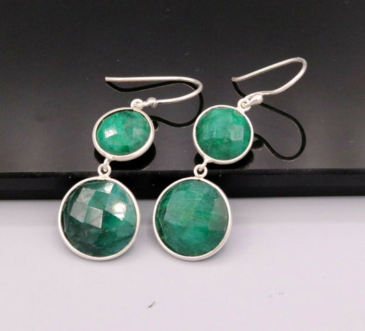 GORGEOUS ROUND SIMULATED EMERALD 925 SILVER HOOPS EARRINGS DROP DANGLE s165 - TRIBAL ORNAMENTS