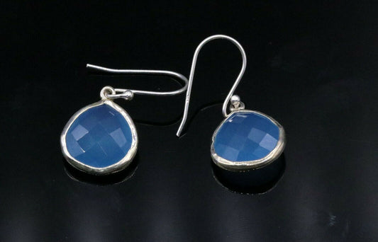 GORGEOUS BLUE QUARTZ STONE 925 STERLING SILVER DROP DANGLE HOOPS EARRINGS s136 - TRIBAL ORNAMENTS