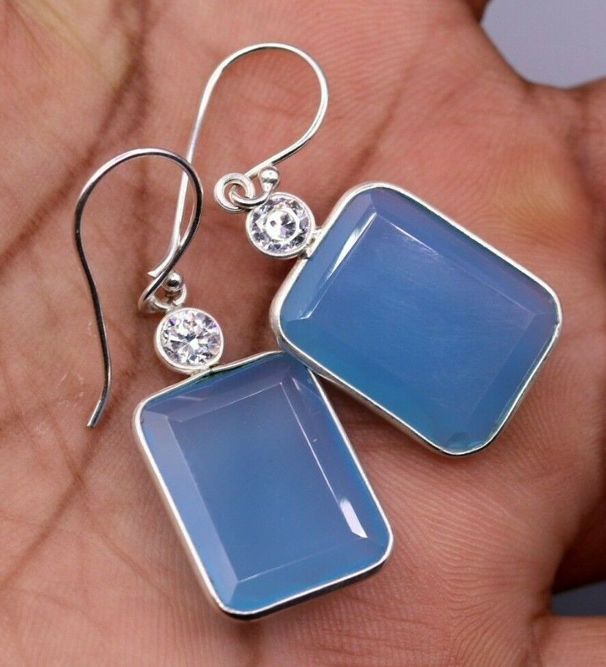 PRETTY SKY BLUE QUARTZ STONE 925 STERLING SILVER DROP DANGLE HOOPS EARRINGS s124 - TRIBAL ORNAMENTS