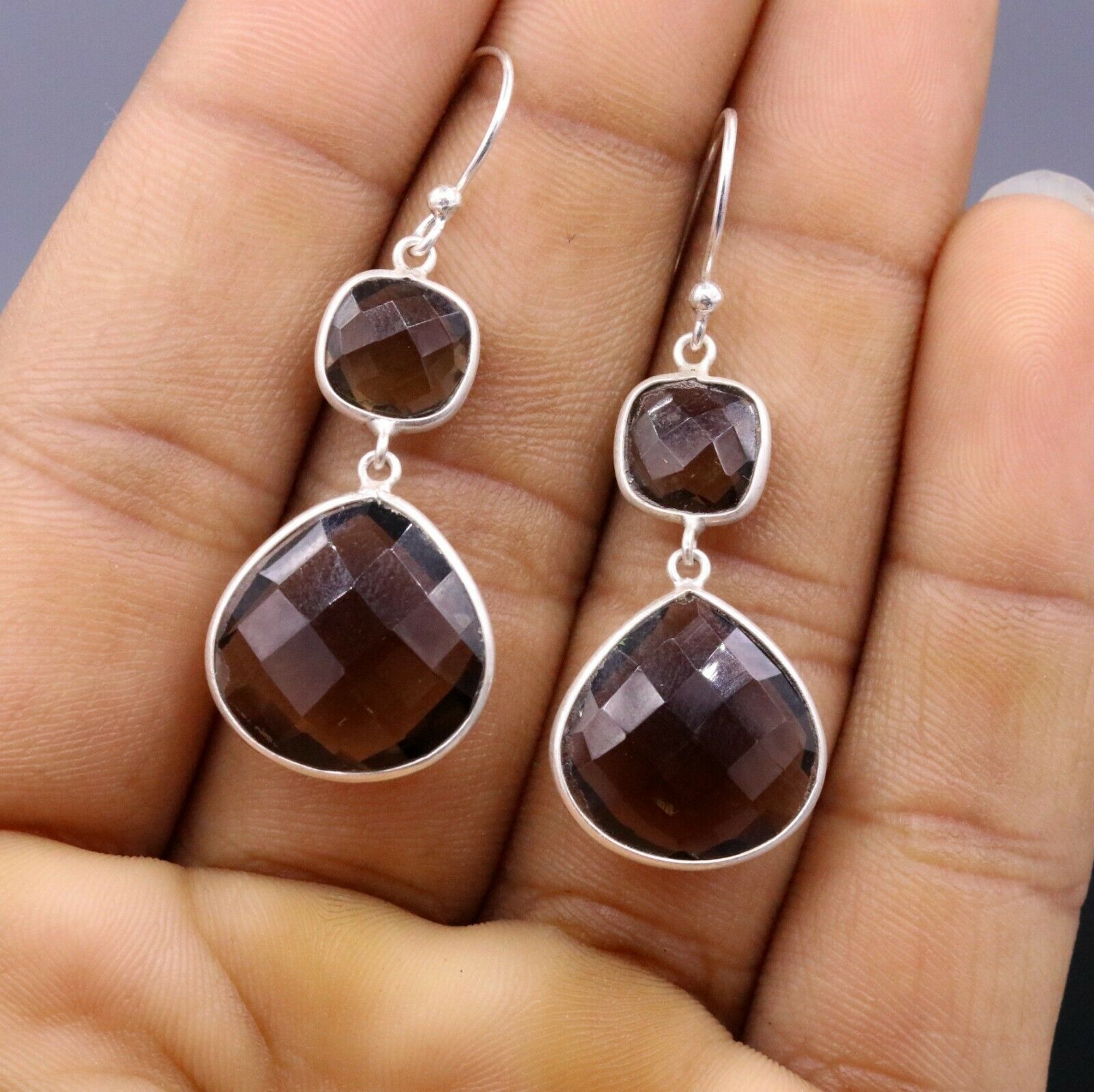 AMAZING 925 SILVER HOOPS DANGLE SMOKY QUARTZ BEST FOR GIRLS STYLISH JEWELRY s171 - TRIBAL ORNAMENTS